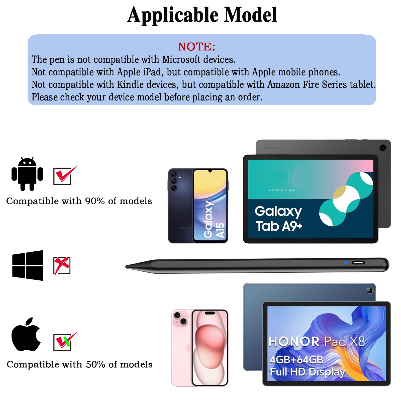 Premium Rechargeable Stylus Pen for iPhone, Samsung, Xiaomi, Huawei, Vivo & Lenovo Tablets - Precision Pom Tip for iOS/Android - Perfect for Note-Taking, Drawing & Digital Art - Black