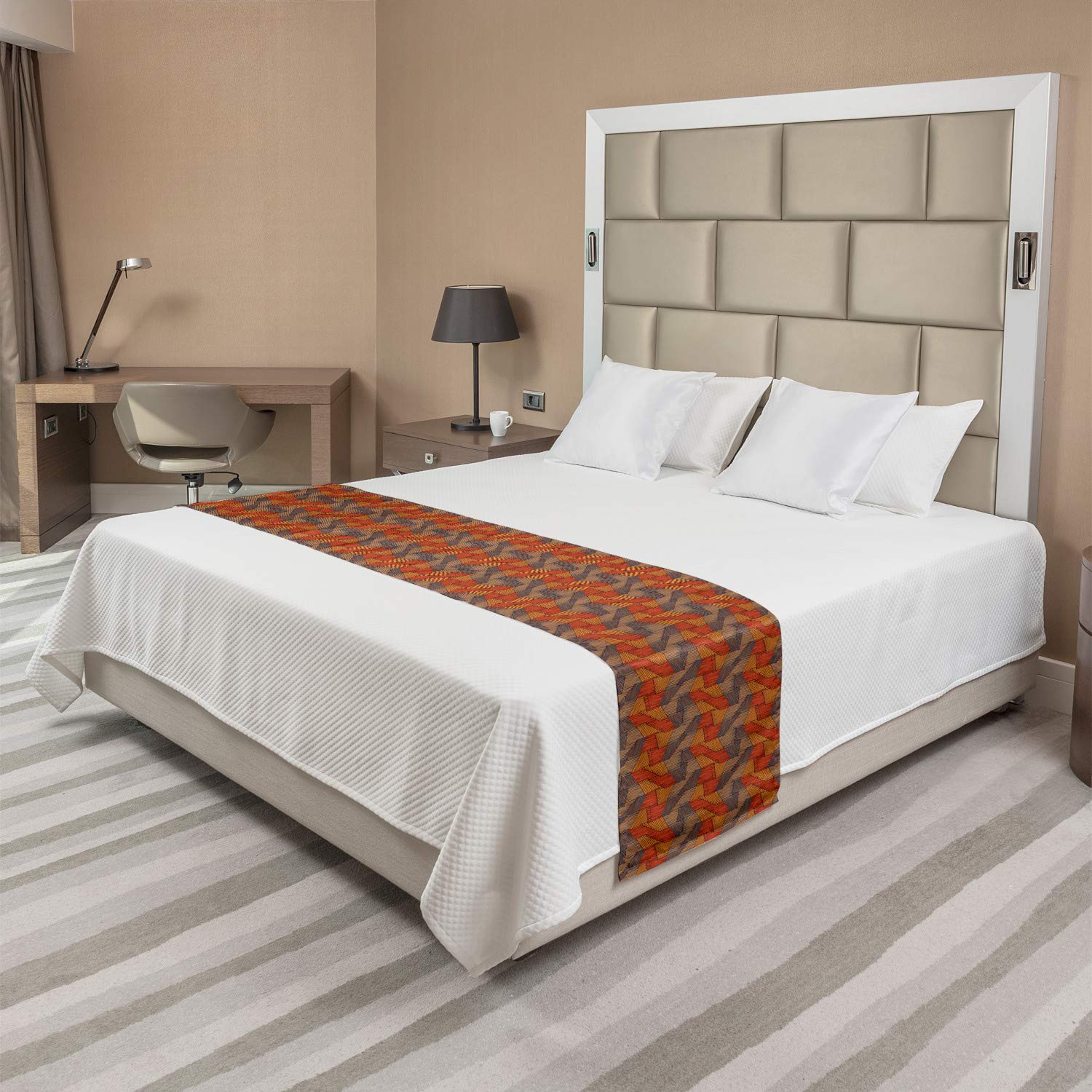 Ambesonne Abstract Bed Runner - Striped Whimsical Shapes in Retro Tones, Decorative Accent Bedding Scarf for King Size Beds | Perfect for Hotels, Homes & Guestrooms | Purple-Blue Vermilion Design | Adds Elegance to Bedroom Decor