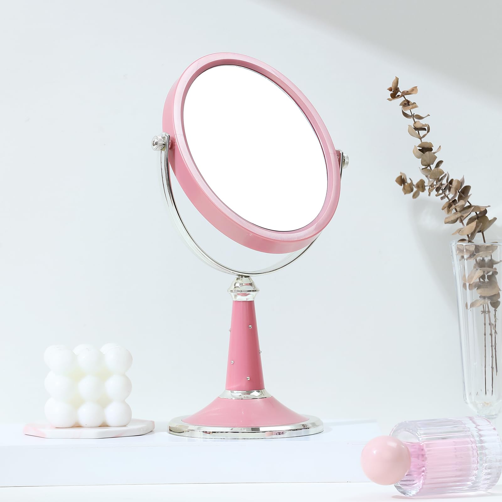 XPXKJ 6-Inch Two-Sided Swivel Vanity Makeup Mirror with 3X Magnification & Diamond Design - Perfect for Dressing Table, Bathroom, and Travel (Pink)