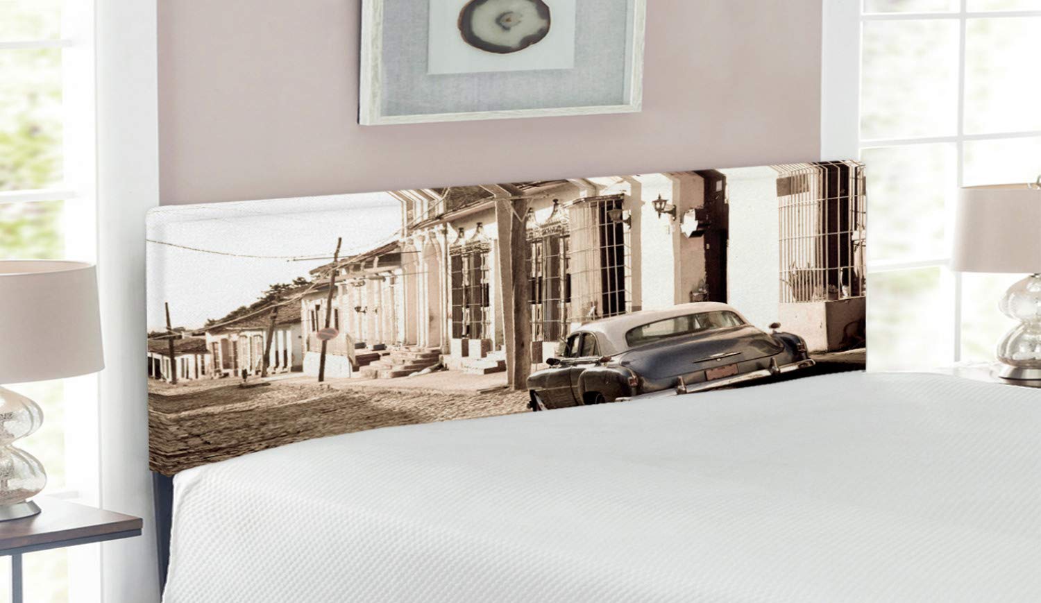 Vintage Car Headboard - Old Americana Colonial Streets of Trinidad Cuba Historical Picture - Upholstered Decorative Metal Bed Headboard with Memory Foam - Queen Size Beige - Perfect for Classic Car Enthusiasts & Vintage Home Decor