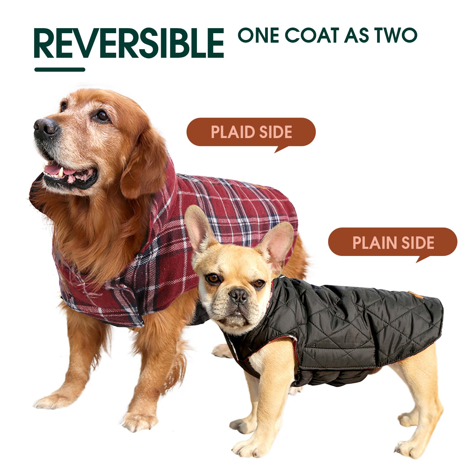 Kuoser Cozy Waterproof Windproof Reversible British Style Plaid Dog Vest - Winter Coat for Small Medium Large Dogs (XS-3XL) with Furry Collar - Warm Dog Apparel for Cold Weather - Perfect for Outdoor Walks, Winter Adventures & Holiday Photos - Red M