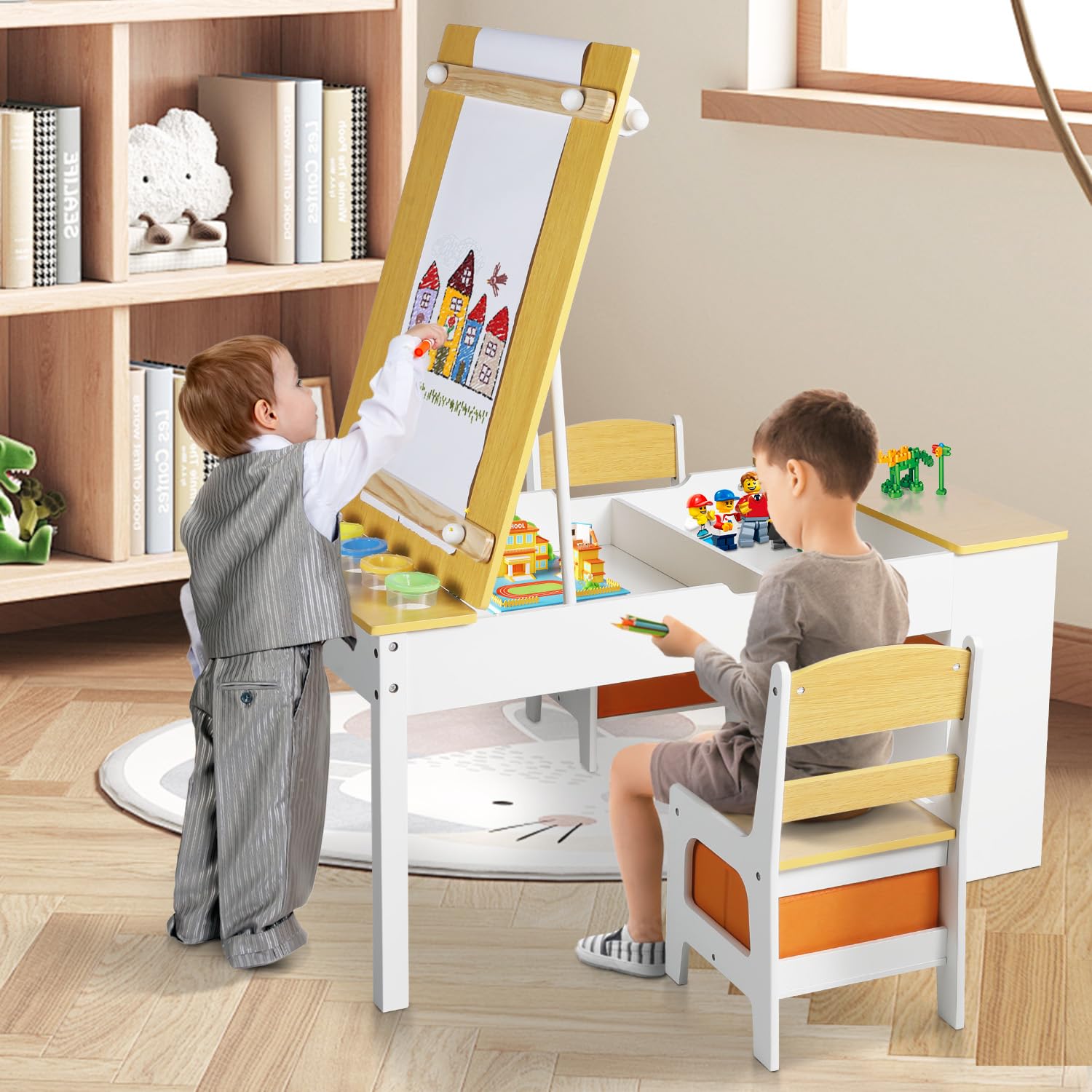 Kinder King 3-in-1 Kids Art Table & Easel Chair Set - Wooden Children's Activity Table with 6 Storage Bins, Paper Roll & Paint Cups - Perfect for Playroom, Homeschooling & Creative Learning (Natural Wood)