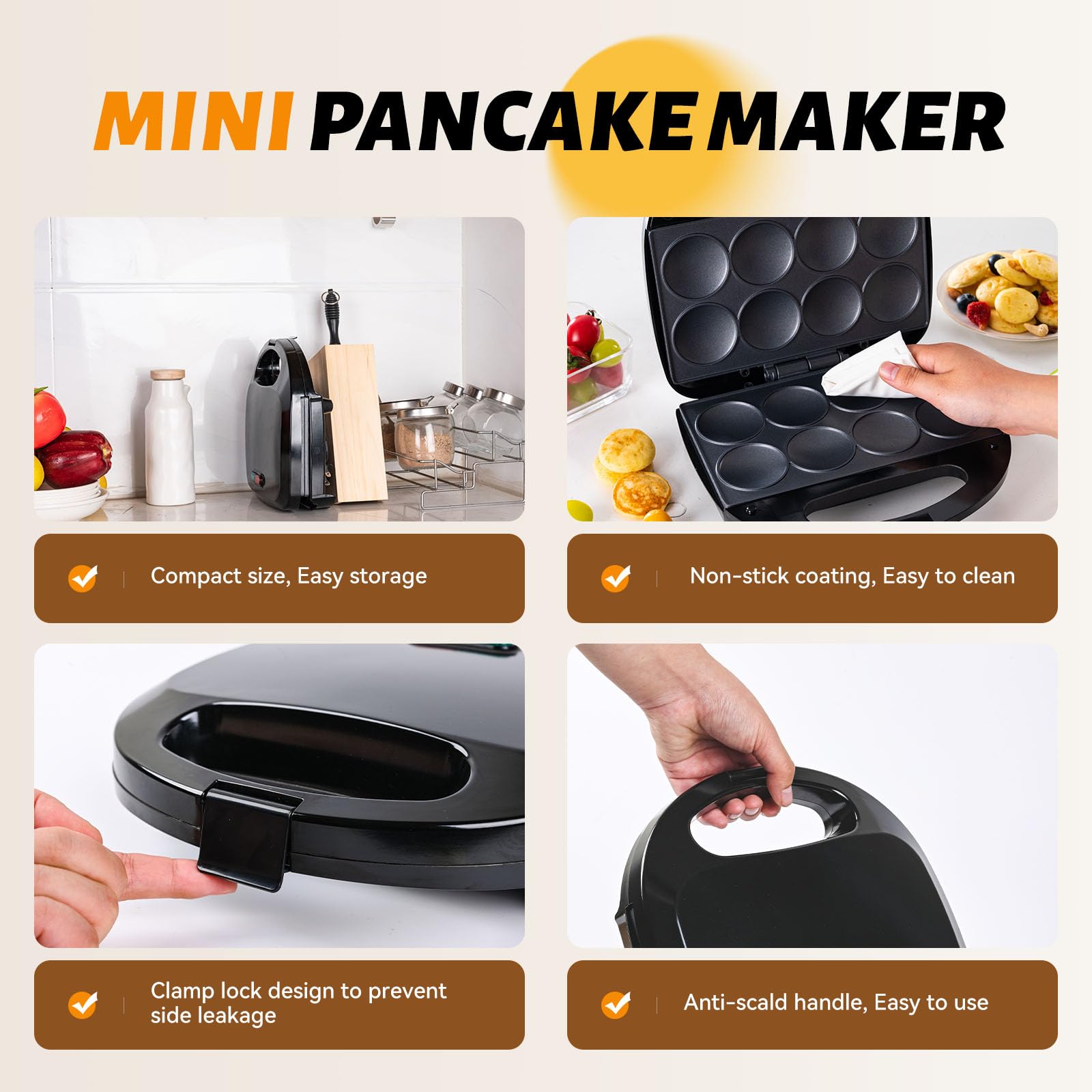 Mini Pancake Maker - Nonstick Electric for 8 Pancakes - Perfect for Breakfast & Snacks
