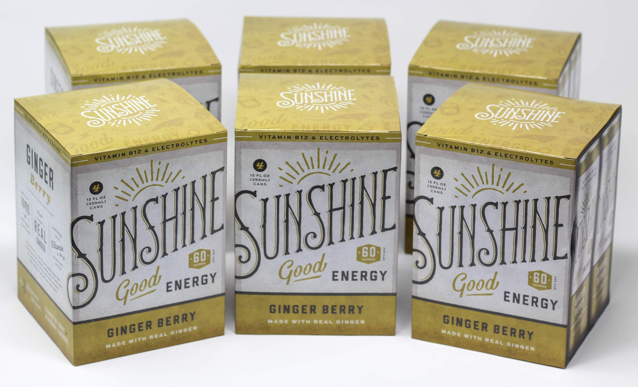 Sunshine Beverages Sparkling Energy Drink - Ginger Berry Flavor | Caffeinated Vitamin Water with Low Calories | Healthy Coffee Alternative for Workouts & Focus | 12 Fl Oz (6x4 Pack) | Perfect for Gym, Office & Study Sessions