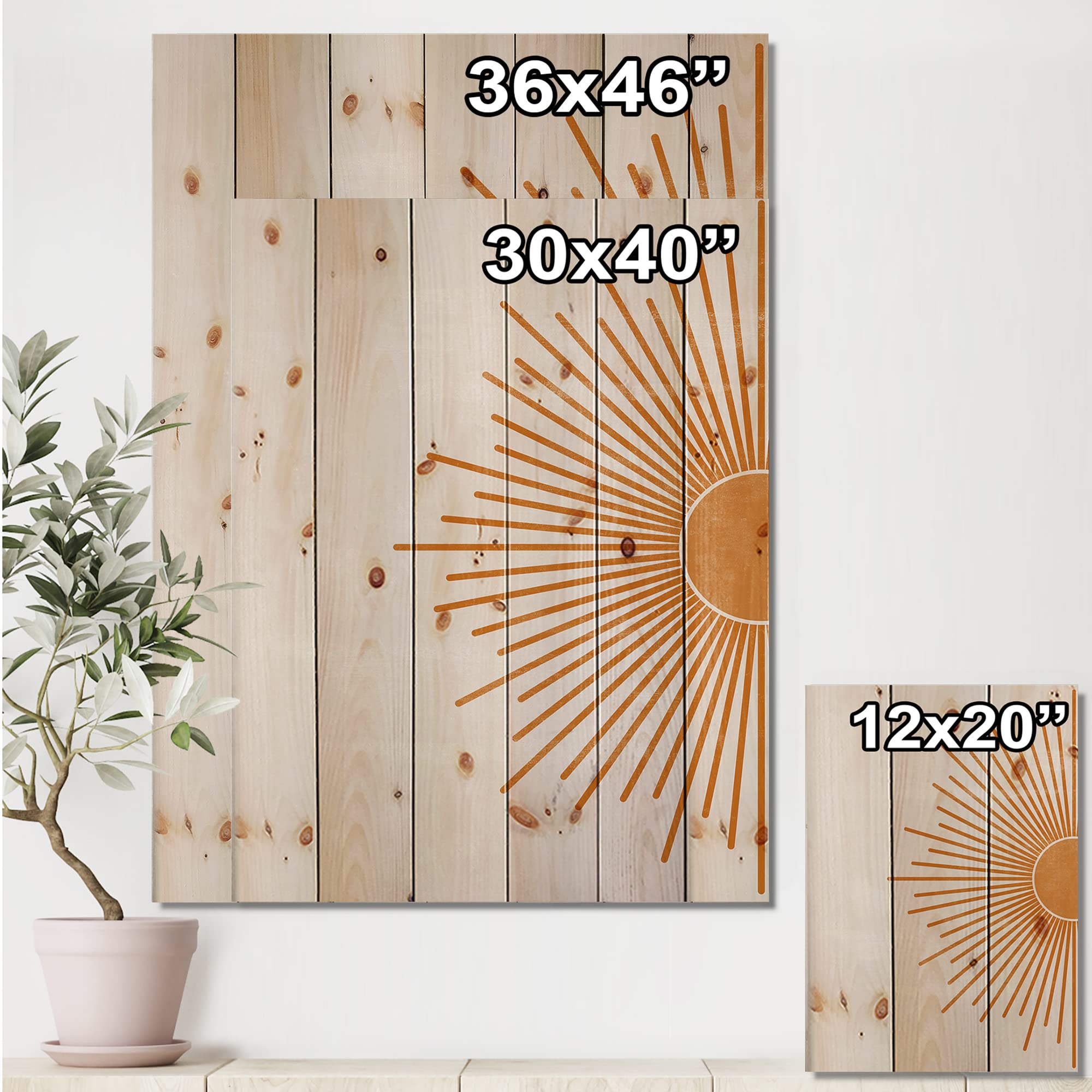 Modern Orange Sun Print Wood Wall Art - Large Geometric Contemporary Wooden Wall Decor Panel on Natural Pine - Perfect for Living Room, Bedroom & Office Decor