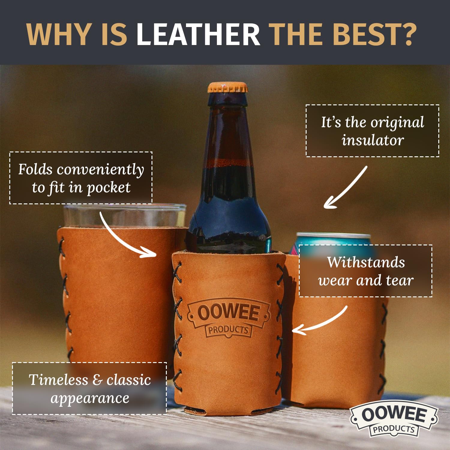 Oowee Genuine Leather Beer Bottle Sleeve Holder | Insulated 12oz Longneck Bottle Cover for Soda, Beer & Seltzer | USA Made American Flag Design | Perfect for BBQs, Tailgating & Outdoor Parties