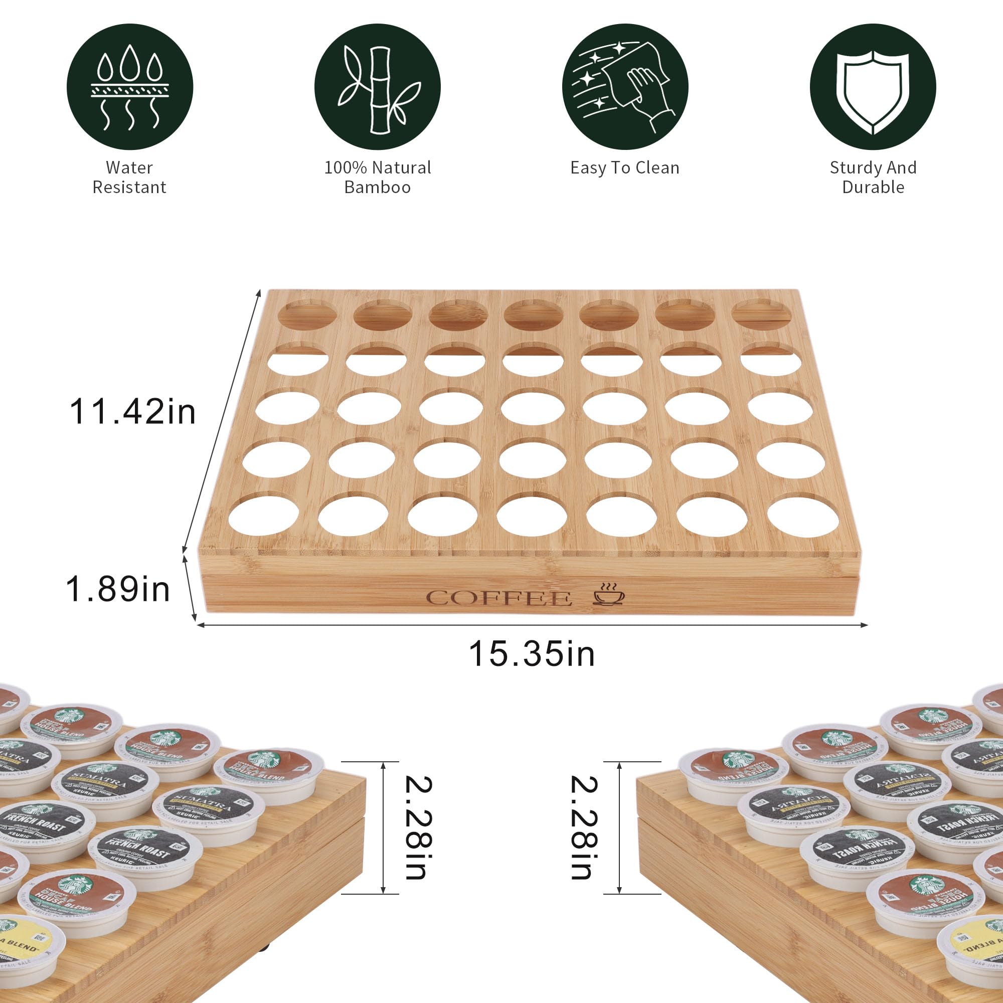 MinBoo Bamboo K-Cup Holder Drawer & Countertop Organizer - Holds 35 Coffee Pods - Compact K-Cup Storage for Coffee Station, Office & Kitchen - Perfect for Keurig Machine & Coffee Bar Organization