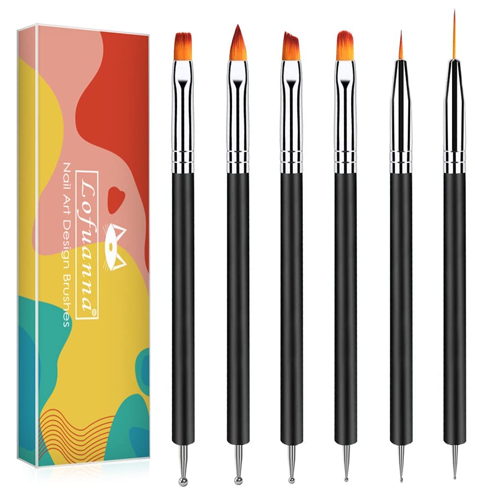 Lofuanna 6pcs Nail Art Brush Set - Double Ended Fine Liner, Dotting Pen, Gel & Builder Brushes for Professional & DIY Manicures | Perfect for Nail Extensions, Acrylics & Home Salon Use