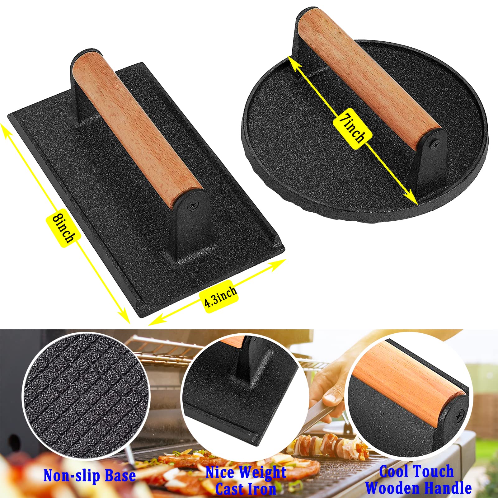 3PCS Smash Burger Press Kit - Round & Rectangle Cast Iron Grill Press with Upgraded Wooden Handle for Blackstone, Camp Chef, Pitboss - Perfect for Backyard BBQs, Camping & Restaurant Burgers