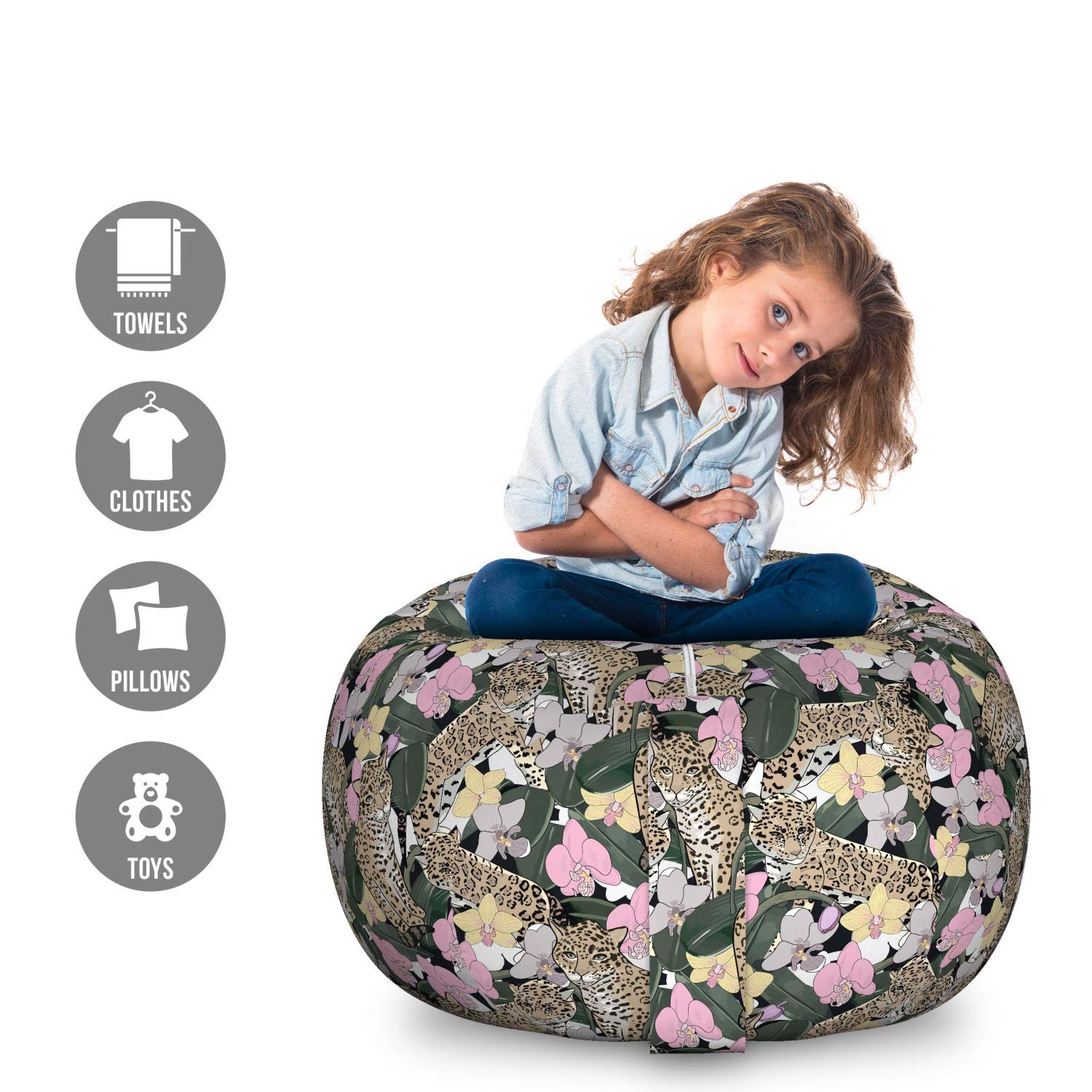 Ambesonne Savannah Storage Toy Bag Chair - Exotic Orchid & Jaguar Rainforest Jungle Wildlife Design, Large Washable Stuffed Animal Organizer, Multicolor - Perfect for Kids' Room, Playroom & Nursery Organization