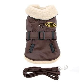 Stylish Brown & Black Faux Leather Bomber Jacket Dog Coat with Matching Harness & Leash Set - Perfect for Winter Walks & Outdoor Adventures