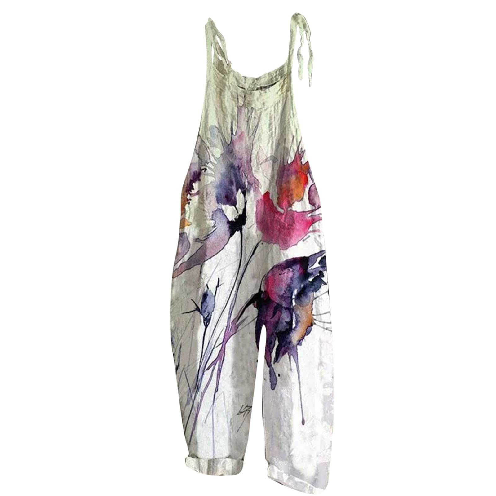 Women's Floral Cotton Jumpsuit - Sleeveless Spaghetti Strap Romper with Tie Waist for Casual Wear | Perfect for Summer Outings, Beach Vacations, and Date Nights