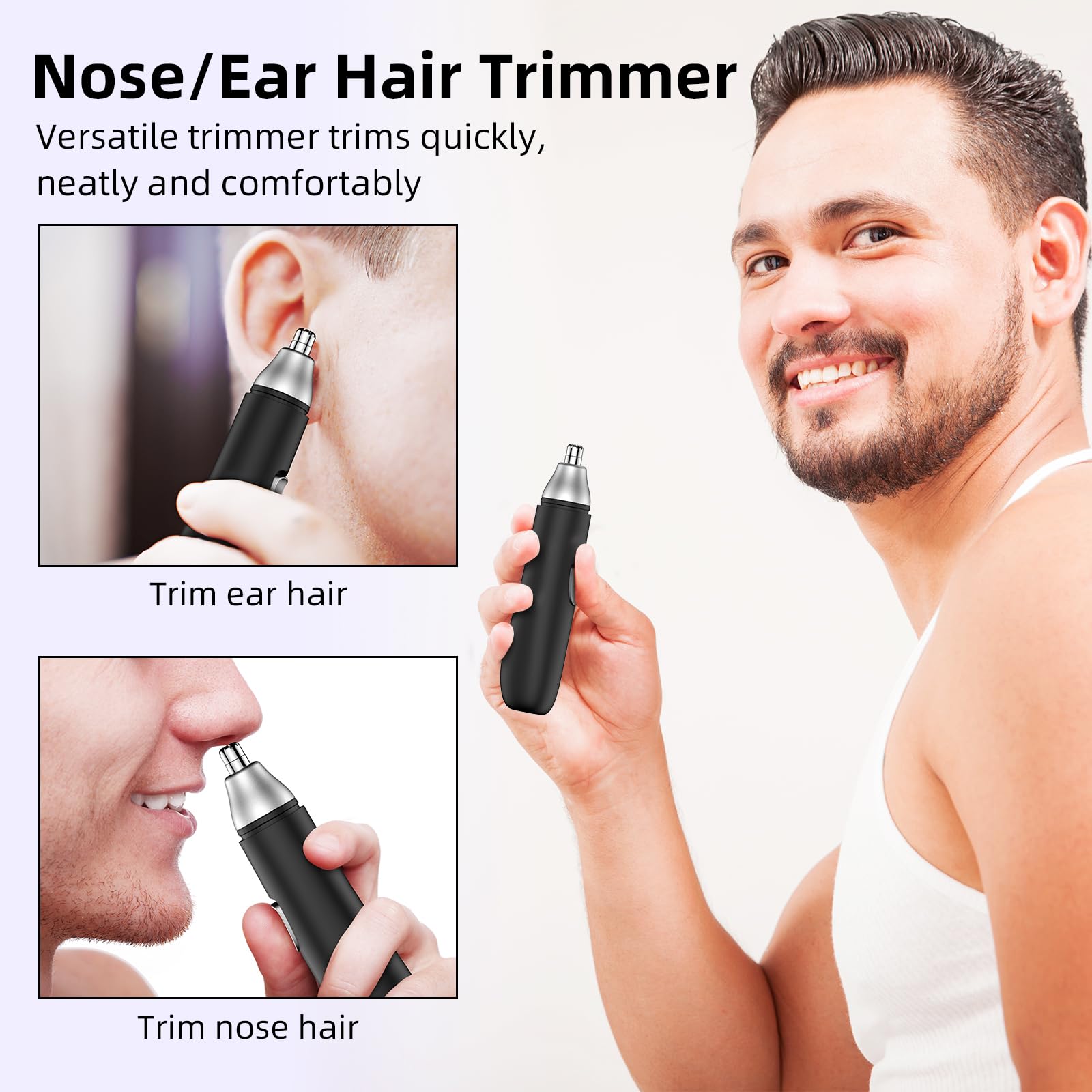 Painless Rechargeable Nose Hair Trimmer with Dual Edge Blades - Professional Ear & Eyebrow Grooming Kit (Black) | Perfect for Travel, Home Use & Personal Grooming