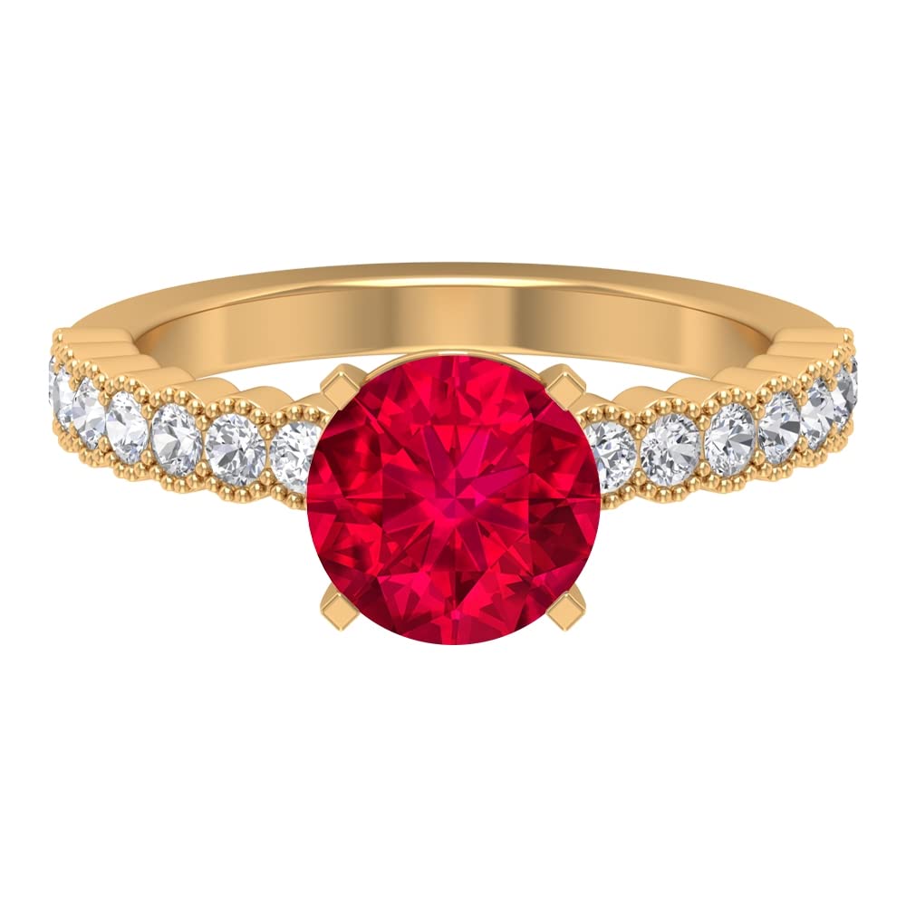 3.25 CT Lab Created Ruby & Moissanite Ring | 8mm Solitaire | 14K Solid Gold Beaded Engagement Ring | Certified for Quality | Perfect for Weddings, Anniversaries & Special Occasions