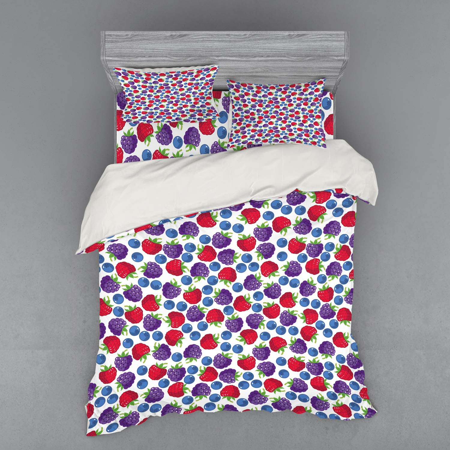 Ambesonne 3-Piece Queen Size Duvet Cover Set - Wild Fruits Cartoon Design with Raspberry, Blueberry & Blackberry Print - Includes Duvet Cover, Sham & Fitted Sheet - Vibrant Multicolor Bedding for Kids Room, Guest Bedroom or Dorm Decor