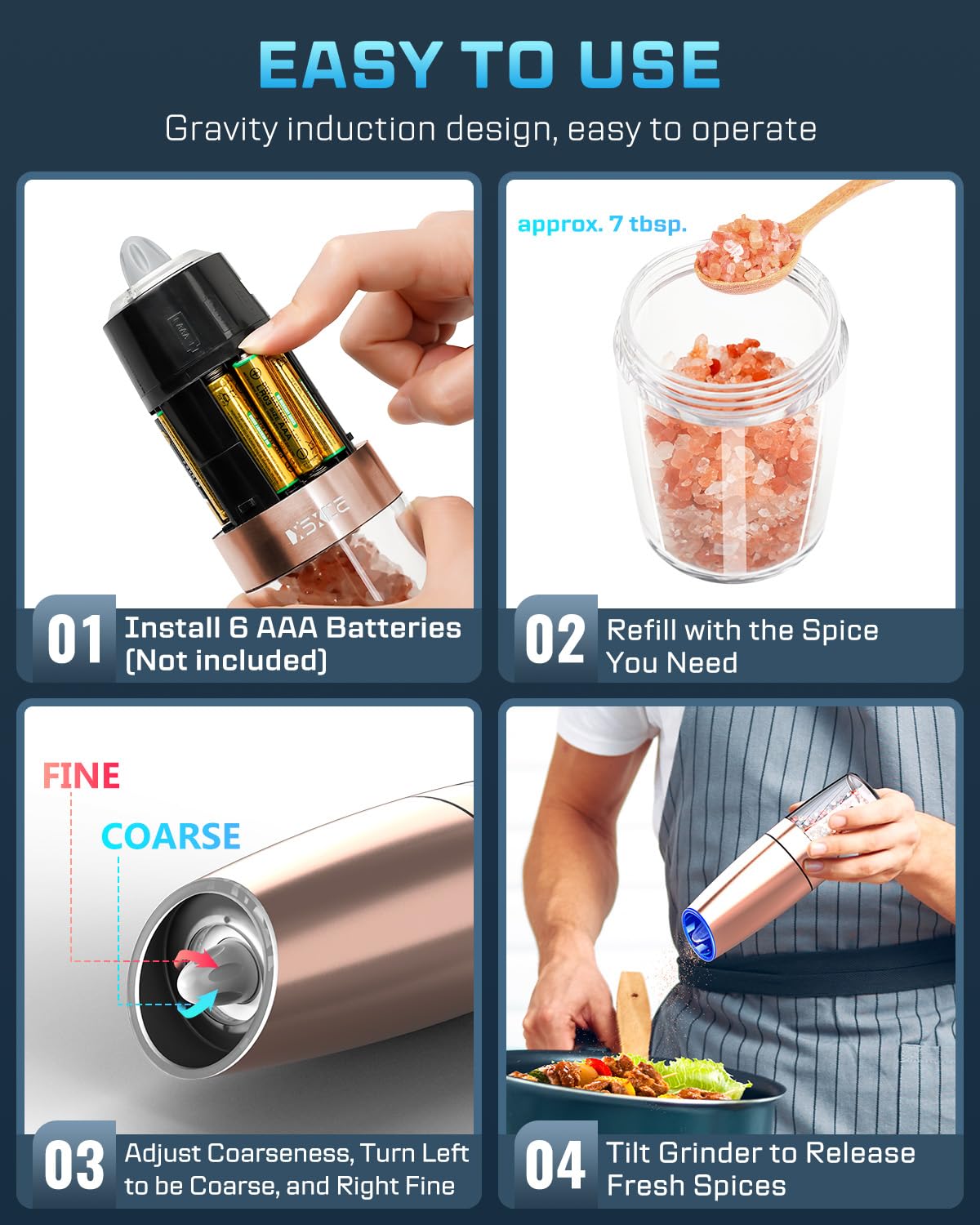 Premium Automatic Electric Pepper and Salt Grinder Set - Stainless Steel Adjustable Coarseness Mill with Blue LED Light, One-Hand Operation - Perfect for Kitchen, Dining Table, BBQ, Camping & Gifting
