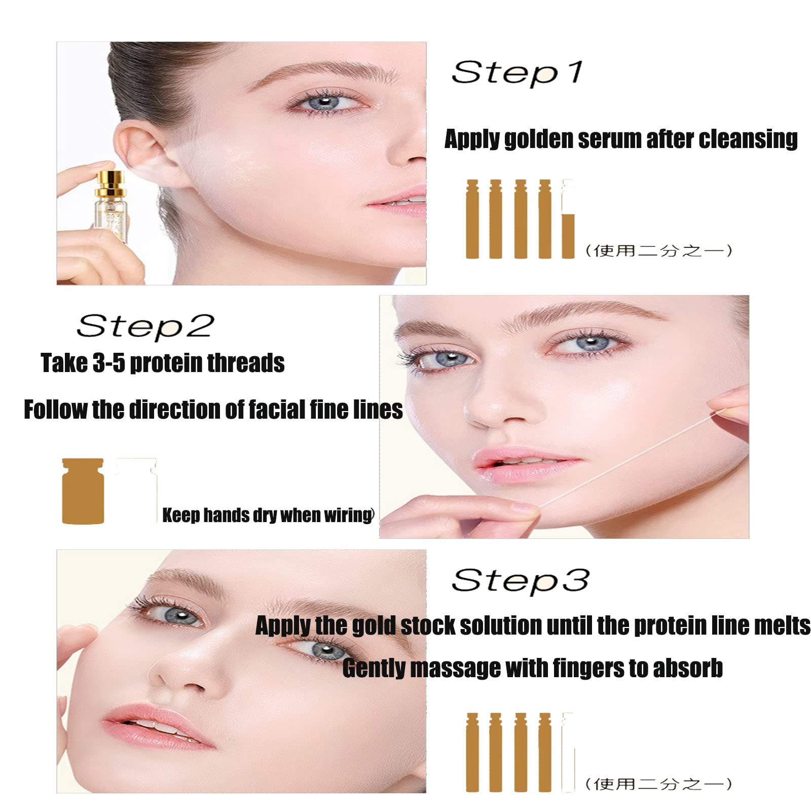 Instalift Protein Thread Lifting Set - Soluble Collagen Threads & Nano Gold Essence for Wrinkle Reduction & Skin Elasticity | Anti-Aging Face Lift Treatment for Fine Lines | At-Home Skincare Routine (1 Set + 3 Bottles)