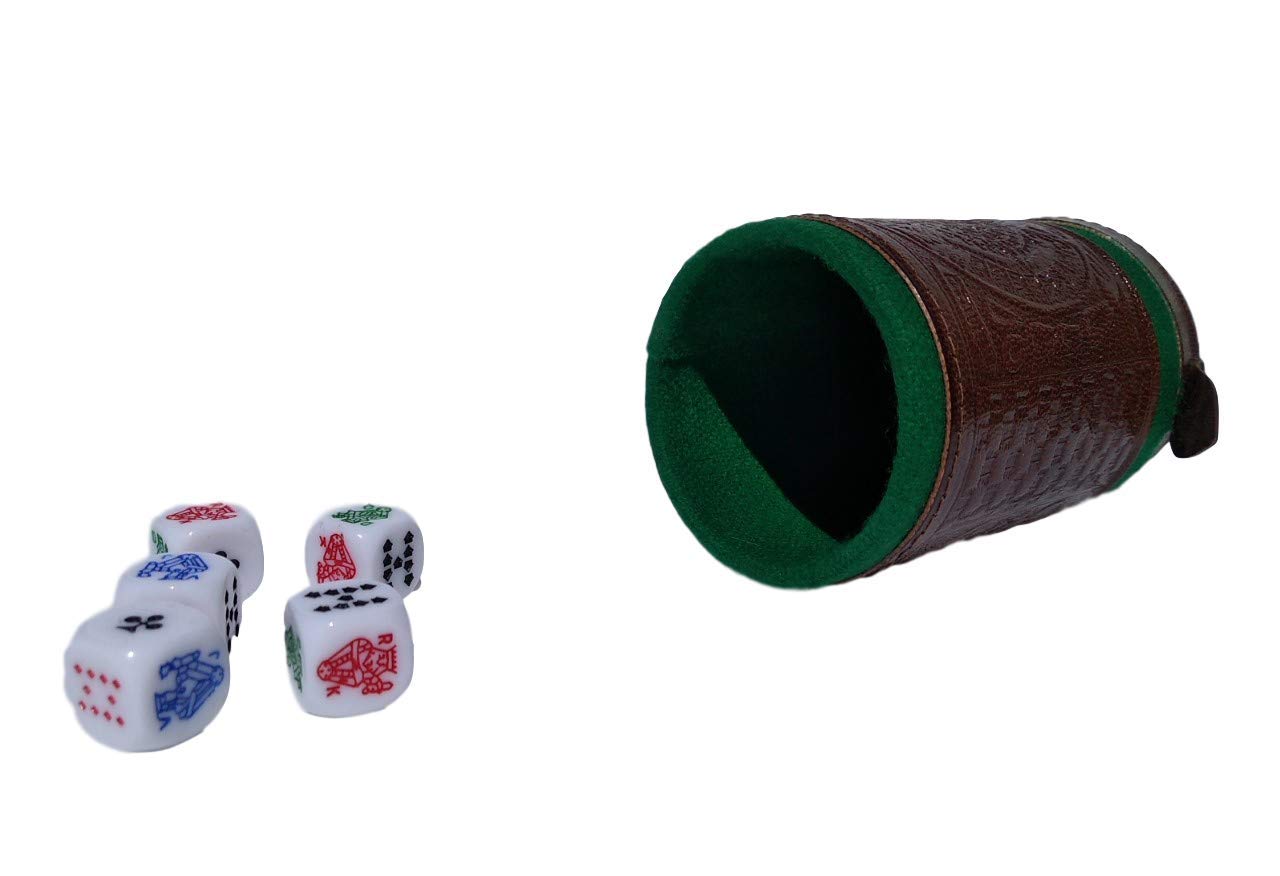 Marquez Premium Poker Dice Game Set with Leather Lined Cup (Cubilete) - 5 Professional Casino Style Dice, Brown, 3.1'' W x 3.5'' H - Perfect for Game Nights, Travel & Spanish-Speaking Players Ages 72+