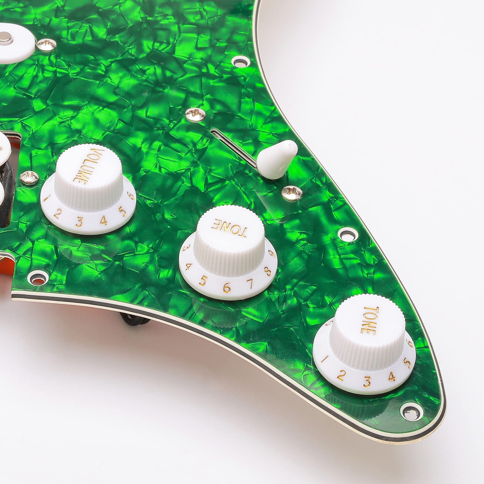 11-Hole Loaded Guitar Pickguard SSH with White Humbucker Pickup - Prewired Scratch Plate Set for Fender Stratocaster (4-Ply Green Pearl) - Includes Guitar Strings & Installation Tools - Perfect for Guitar Upgrades & DIY Repairs