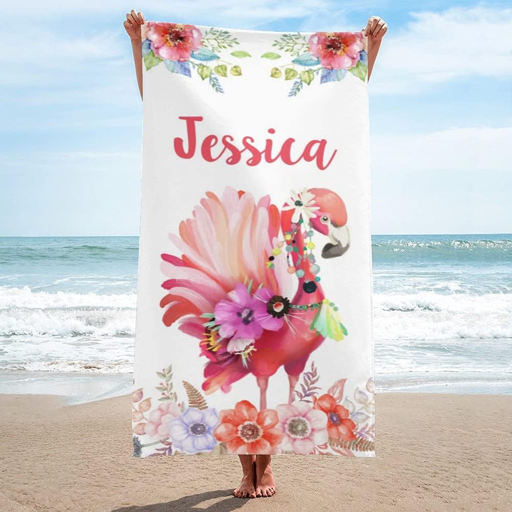 Personalized Flamingo Beach Towel with Name - Custom Pink Flamingo Towel for Pool, Summer & Vacation - Unique Gift for Women & Girls