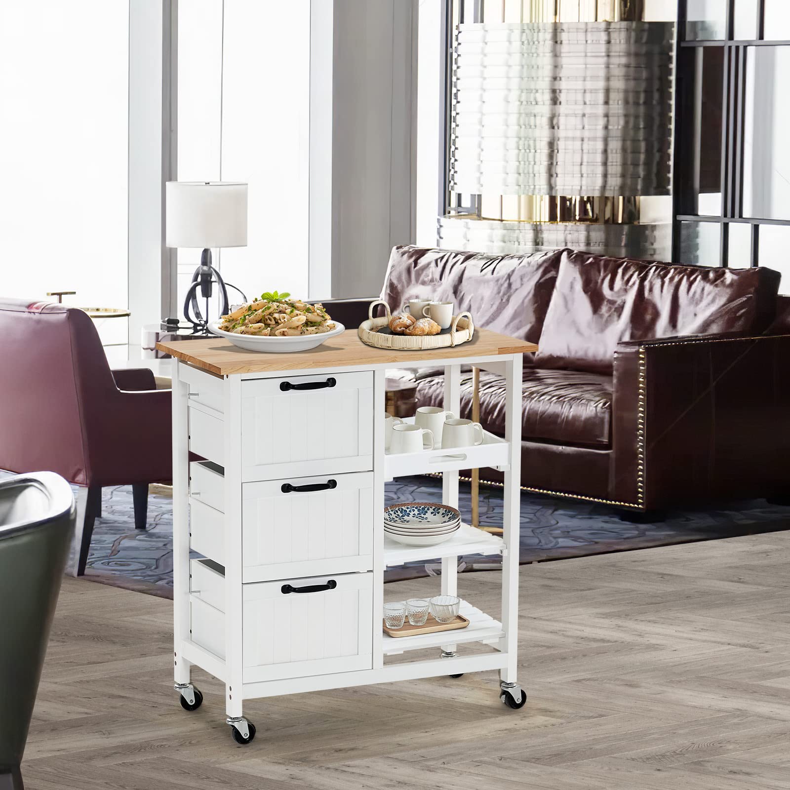 VINGLI Rolling Kitchen Island Cart with 3 Drawers & 3-Tier Storage - Natural Solid Wood Top, Mobile Microwave Trolley for Small Kitchens | Perfect for Coffee Bars, Serving Stations & Compact Kitchen Organization