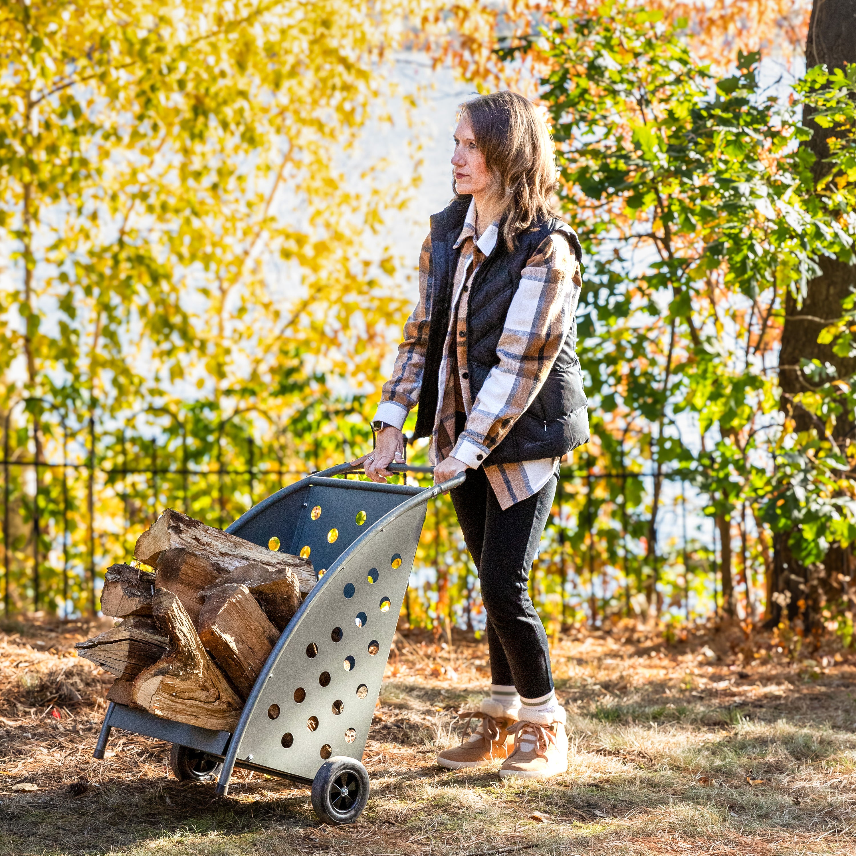Sunnydaze Heavy-Duty Steel Firewood Log Cart with Wheels - 34 Inch Outdoor Firewood Rack for Fireplace, Camping, and Backyard Storage