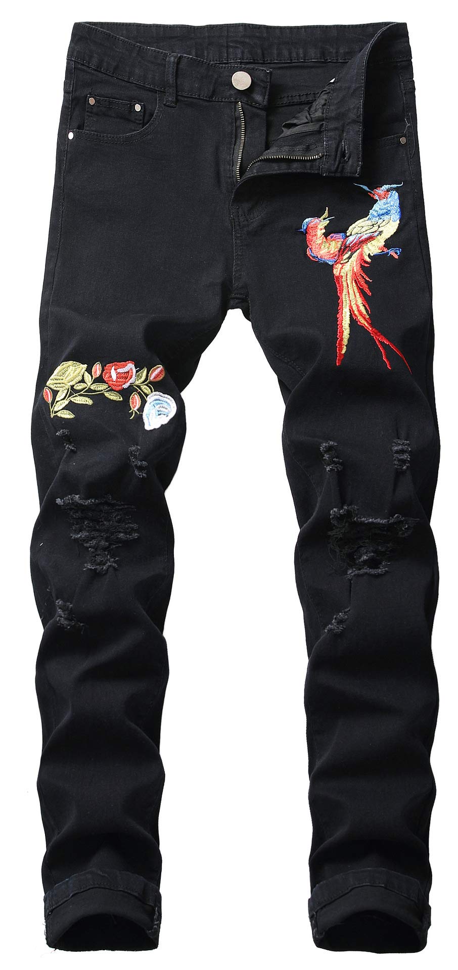 Qazel Vorrlon Men's Slim Fit Black Stretch Destroyed Ripped Skinny Jeans - Stylish Distressed Denim for Casual Wear & Night Out
