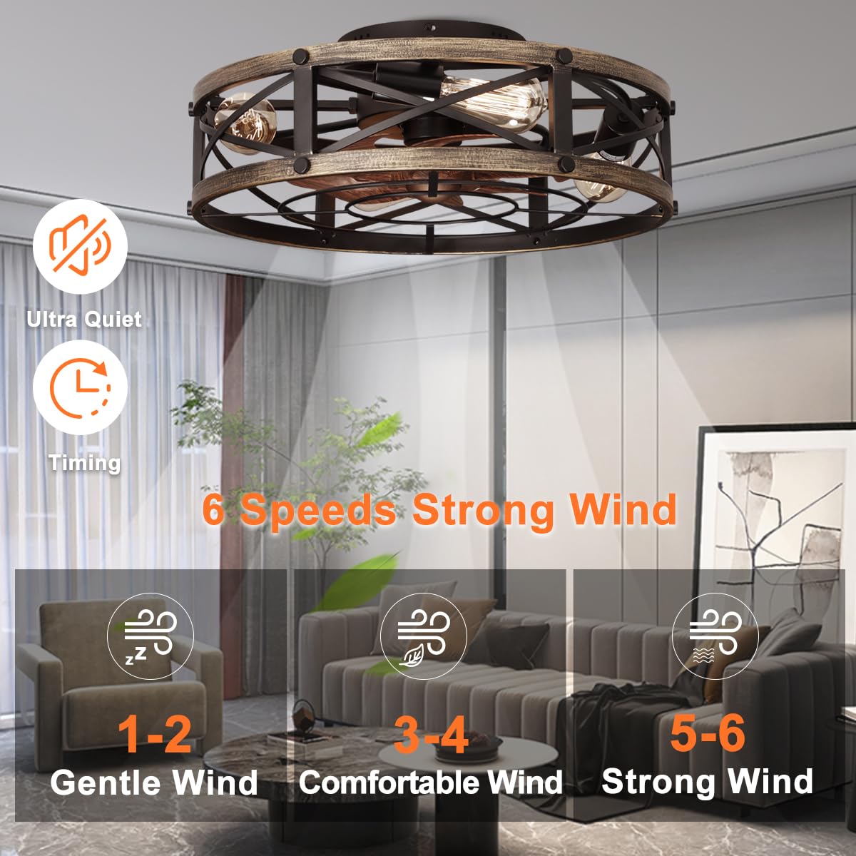 Farmhouse Flush Mount Caged Ceiling Fan with Light - 6 Speed Rustic Low Profile Bladeless Ceiling Fan with Remote Control - Perfect for Kitchen, Bedroom, Living Room & Small Spaces