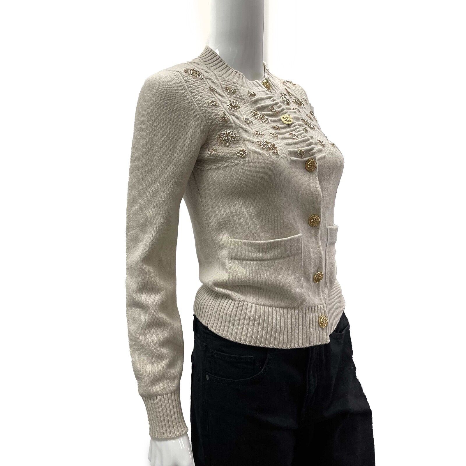 Chanel 16A Paris Rome Beaded Cardigan Sweater - Size 34 US 2 in Beige | Luxury Cashmere Knitwear for Women | Perfect for Evening Parties & Special Occasions