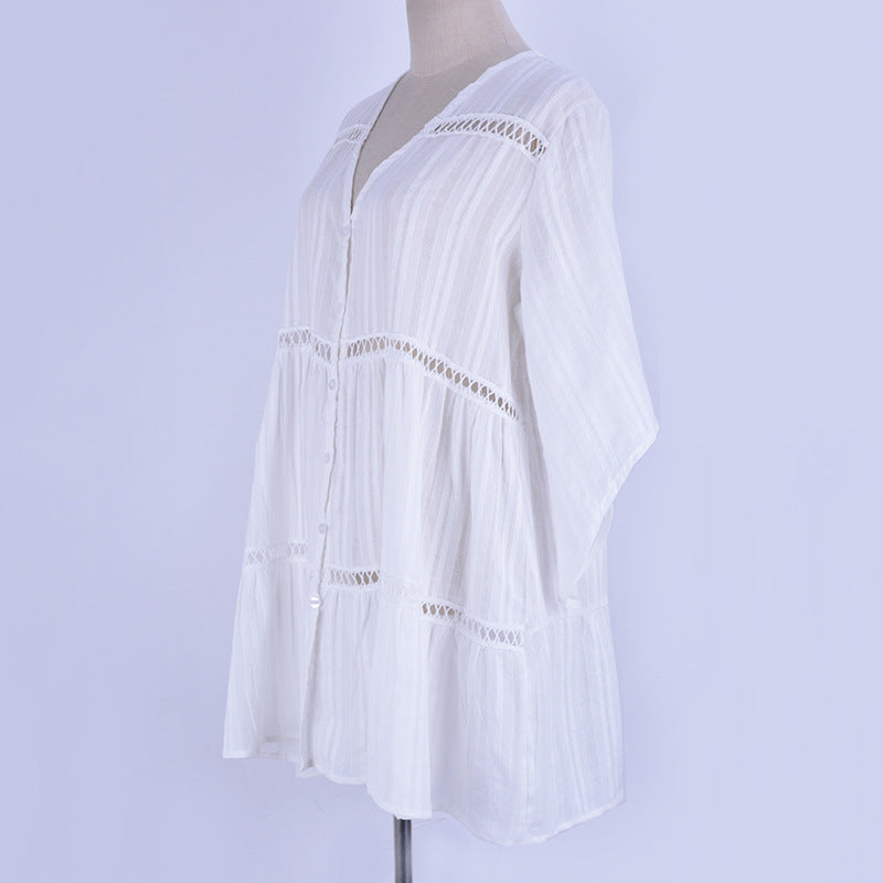 Women's Cotton Jacquard Button-Up Loose Sleeve Sun Protection Shirt - Perfect for Beach, Outdoor Activities & Summer Fashion