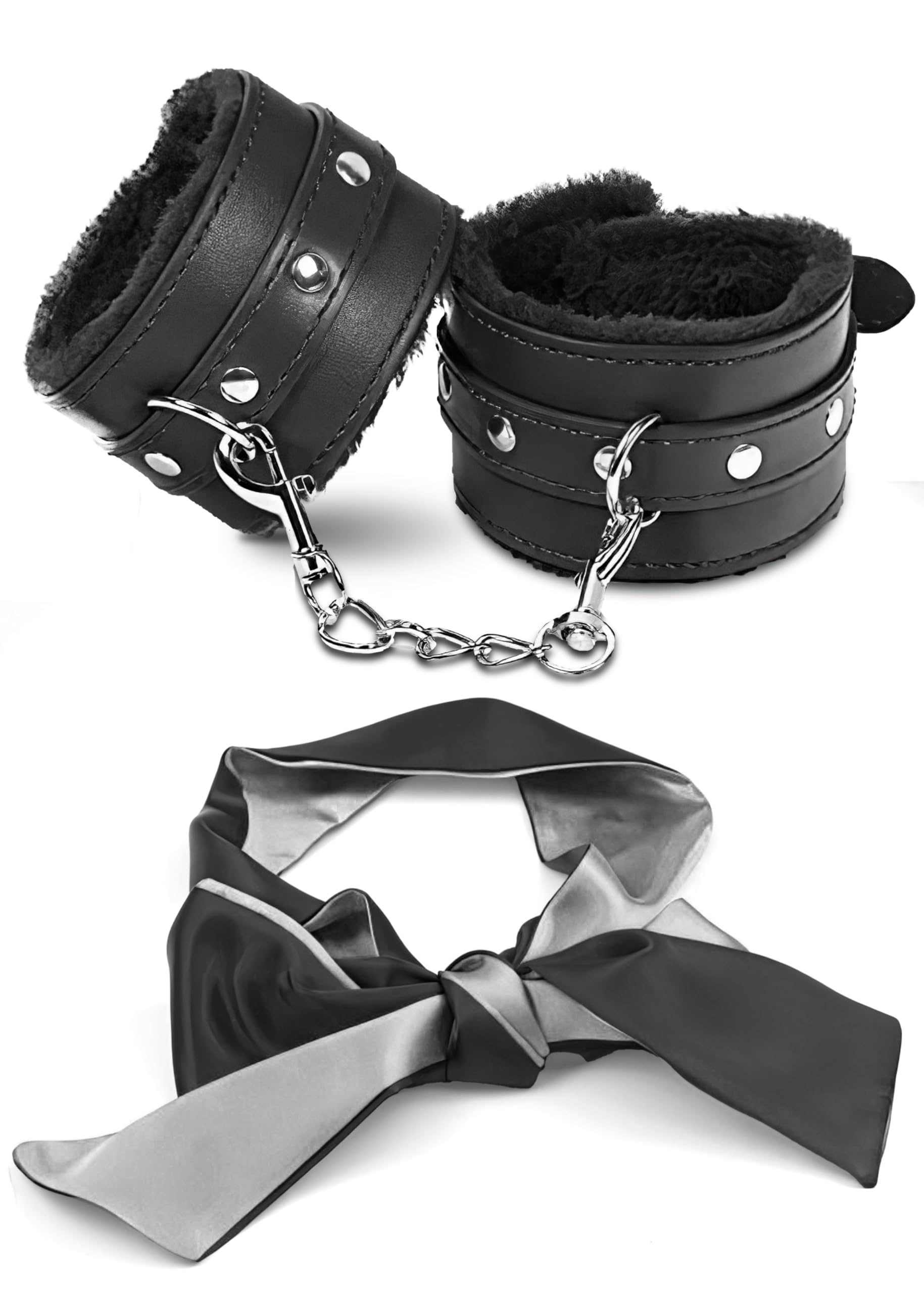 Fluffy Adjustable Leather BDSM Handcuffs & Blindfold Set - Soft Bondage Restraints for Couples - Sensual Play, Roleplay & Spicing Up Intimacy