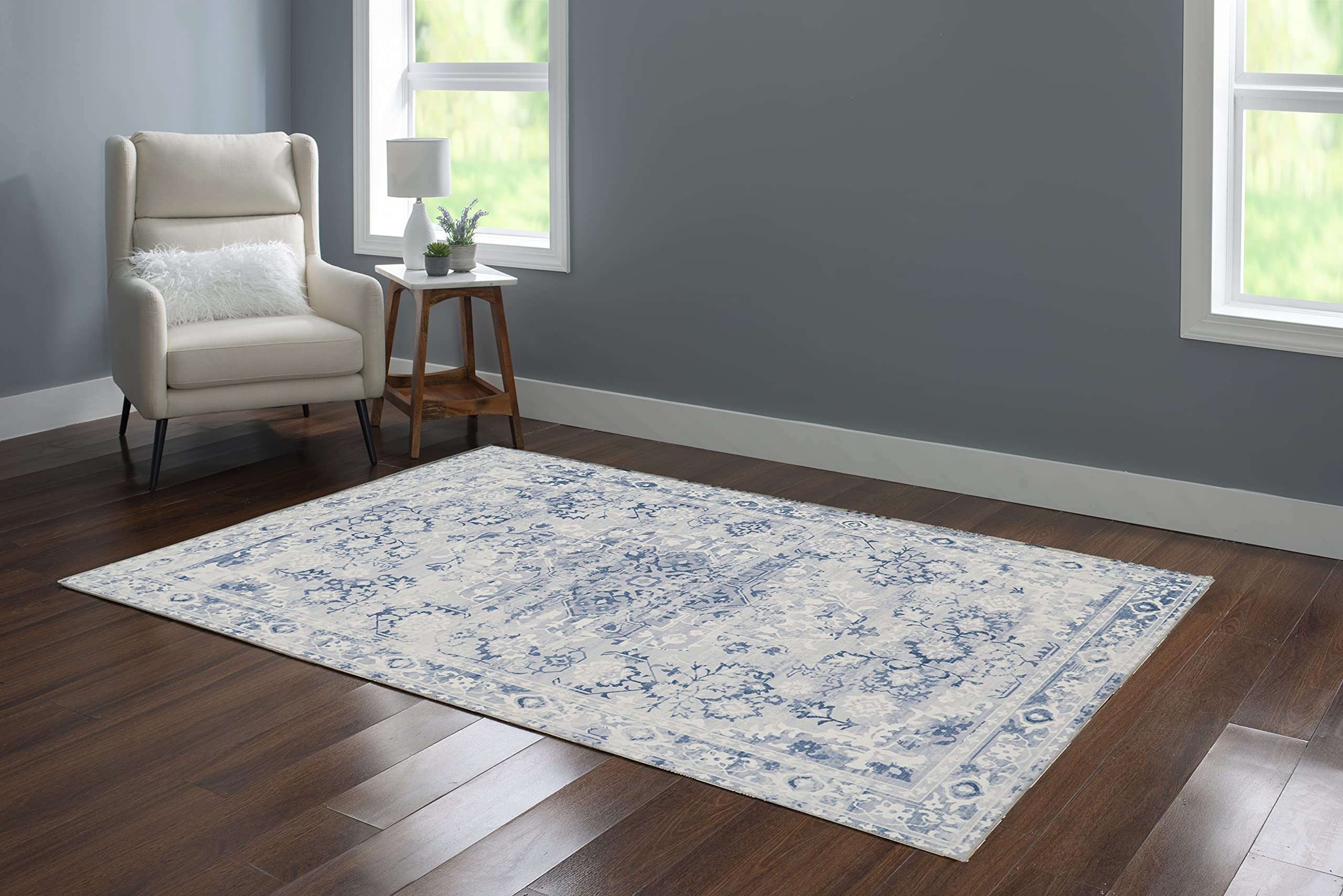 Linon Home Decor Washable Area Rug 5' x 7' - Grey & Ivory Klinch Pattern, Soft & Durable for Living Room, Bedroom, Office | Easy to Clean Indoor Floor Mat