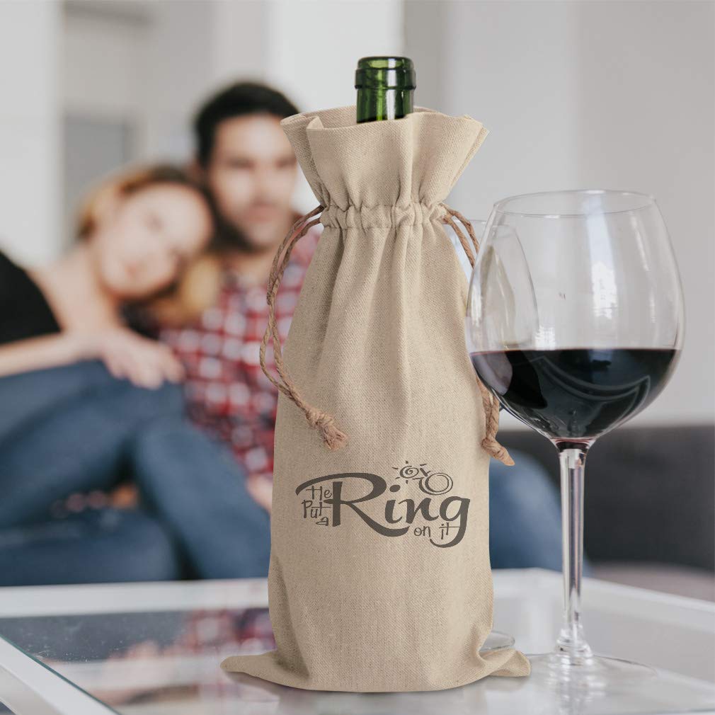 Custom Cotton Wine Gift Bag - Funny 'He Put A Ring On It' Design - Novelty Housewarming & Party Accessories - Natural Canvas Tote for Engagements, Weddings & Celebrations