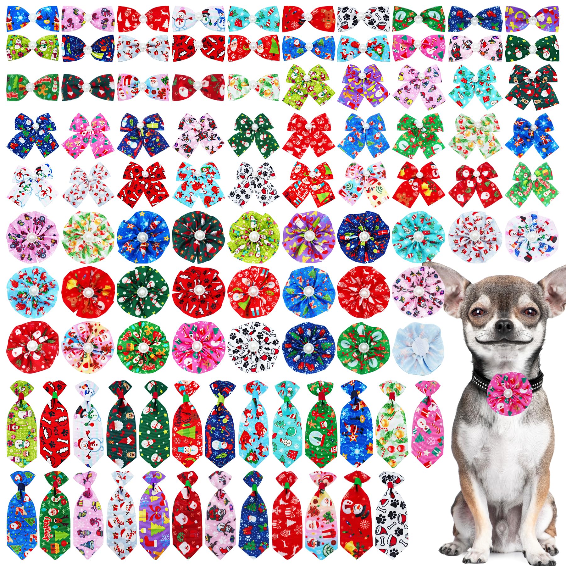 100pcs Christmas Dog Bow Ties Bulk - Adjustable Pet Neckties for Small & Medium Dogs - Holiday Puppy Accessories with Collar Charm & Paw Patterns (25 Styles) - Perfect for Christmas Parties, Pet Grooming & Festive Celebrations