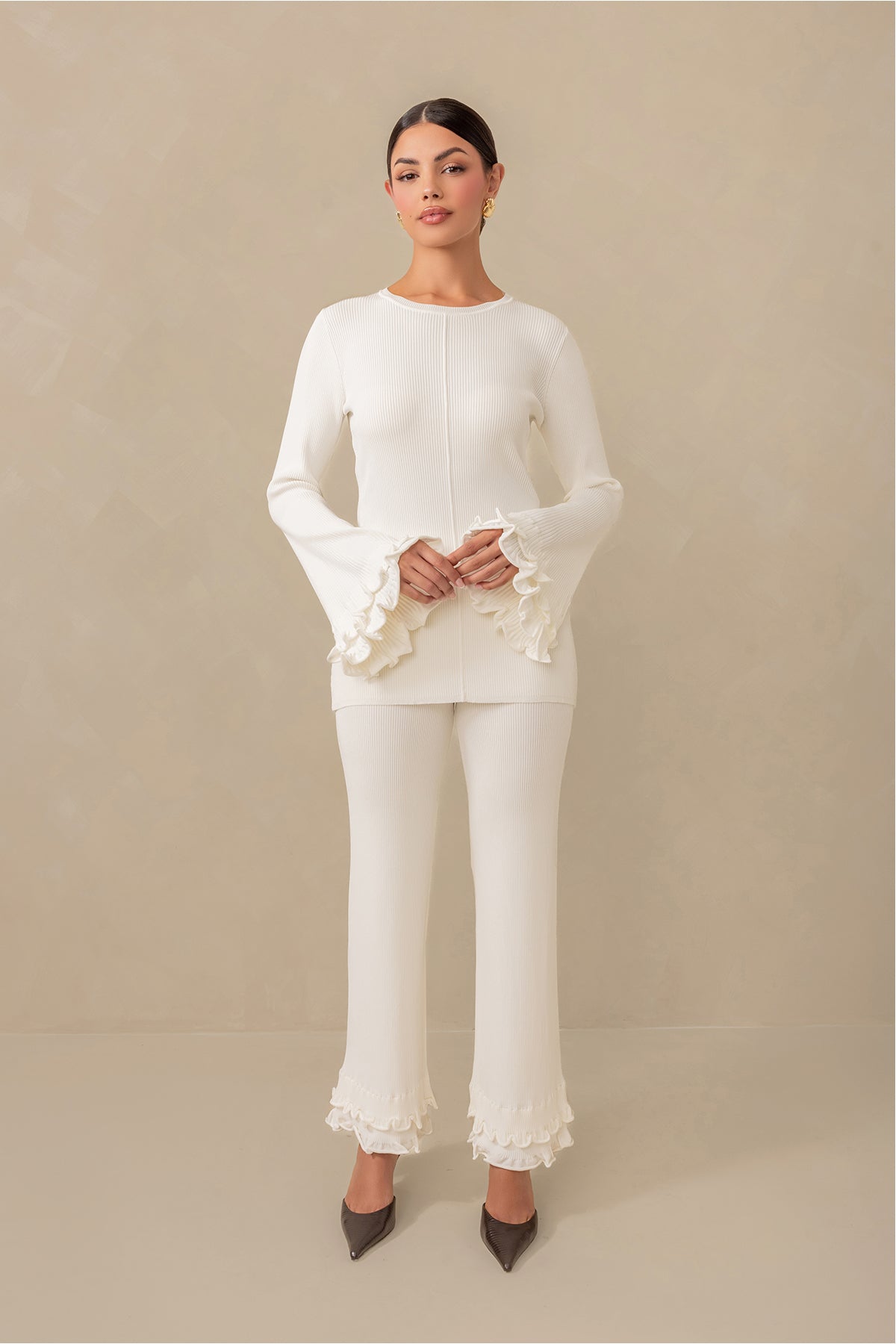 Olivia Ruffle Knit Pants for Women - Soft Cream High Waisted Lounge Pants - Comfortable Stretchy Knitwear for Home, Yoga & Casual Wear