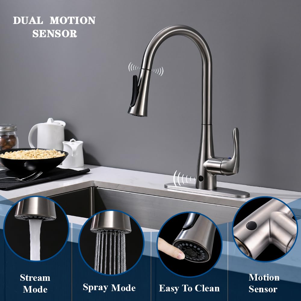 GEOATON Touchless Kitchen Faucet with Dual Motion Sensor, Pull Down Sprayer, Healthy Material, Easy DIY Install in Brushed Nickel for Modern and Hygienic Kitchens