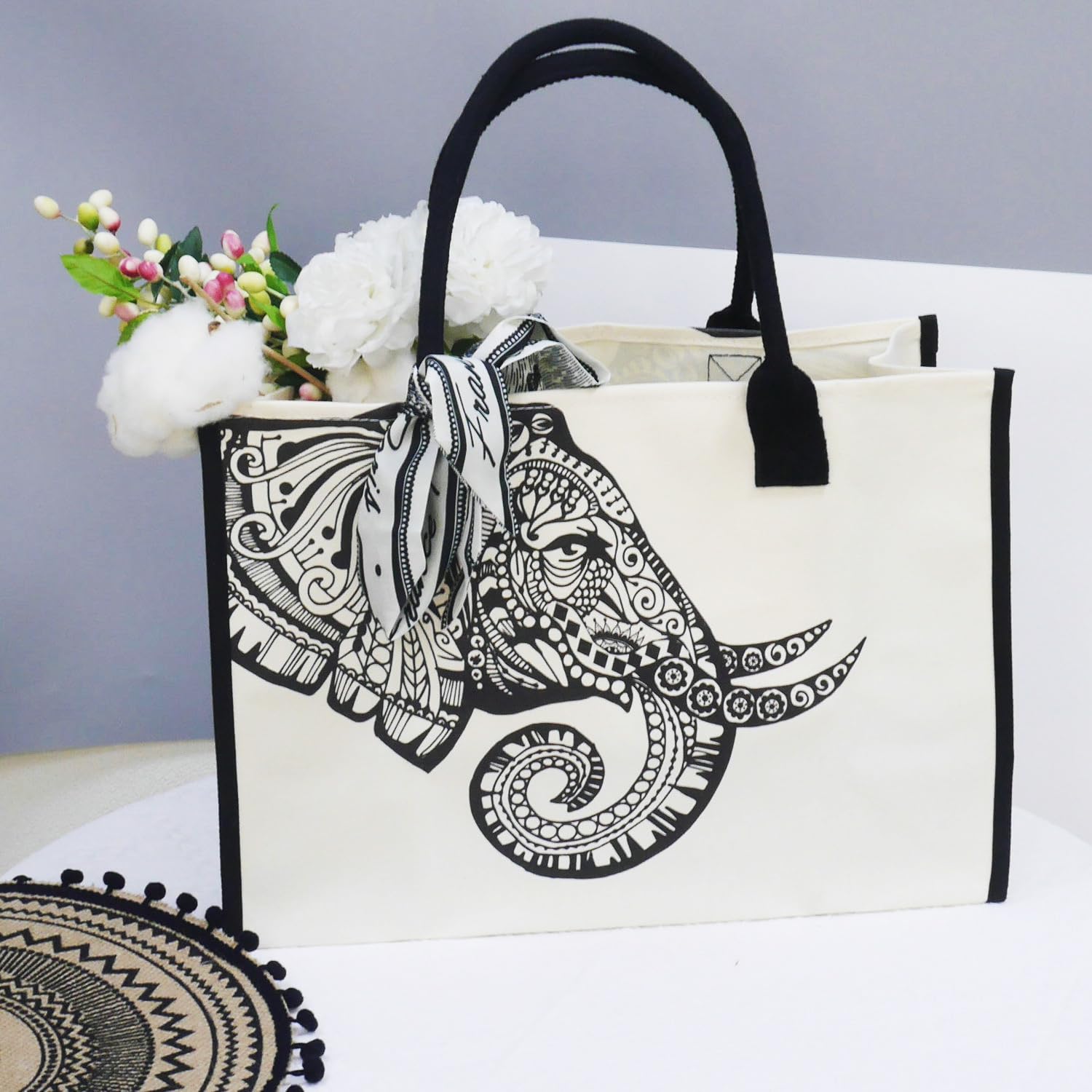 Personalized Canvas Tote Bag with Makeup Pouch - Stylish Beach Bag, Yoga Gym Bag & Teacher Gift - Boho Mandala Printed Design for Women | Perfect for Work, Travel, Shopping & Fitness Activities