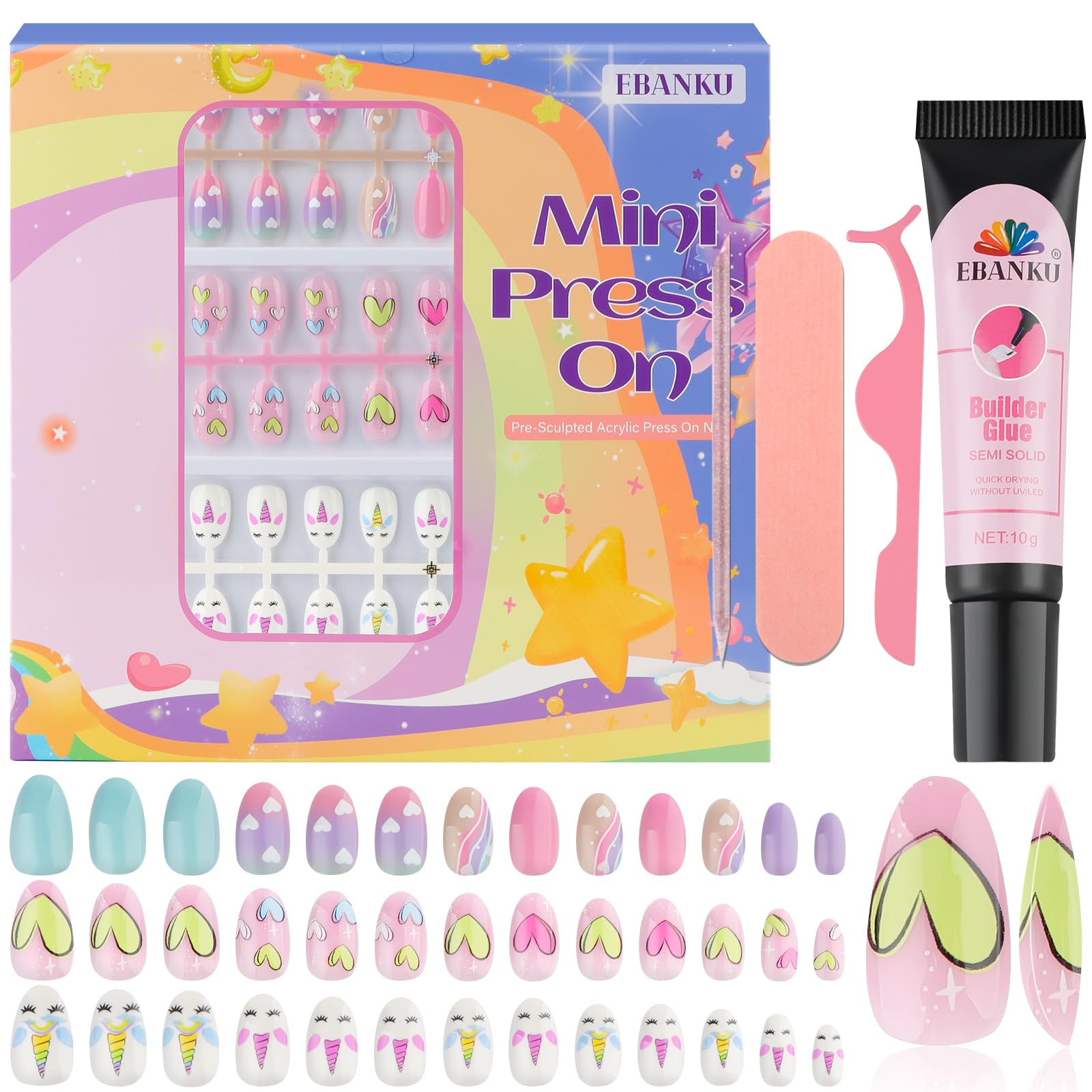 EBANKU 3 Pack Press on Nails for Kids 8-12 Years - 78 Pieces Colorful Heart Fake Nails Kit with Jelly Nail Adhesives & Nail Builder Glue - Perfect for Birthday Parties, Playdates & DIY Nail Art Fun