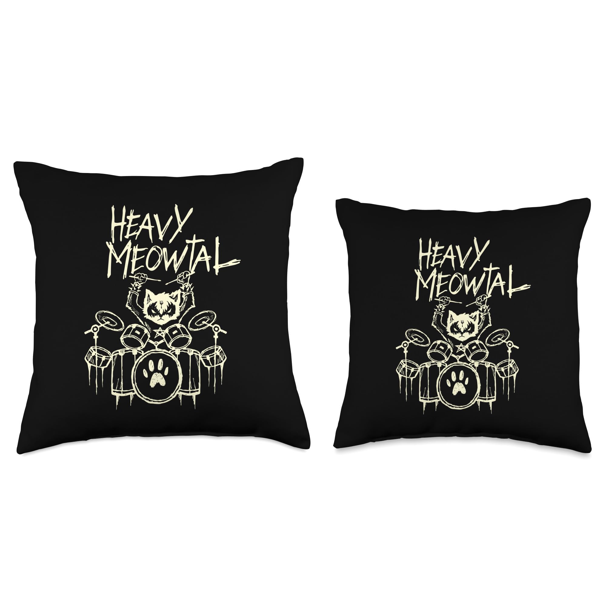 Heavy Metal Cat Drum Kit Throw Pillow - Funny Cat Drummer Headbanger Cushion for Music Lovers, Perfect for Bedroom, Living Room & Band Themed Decor