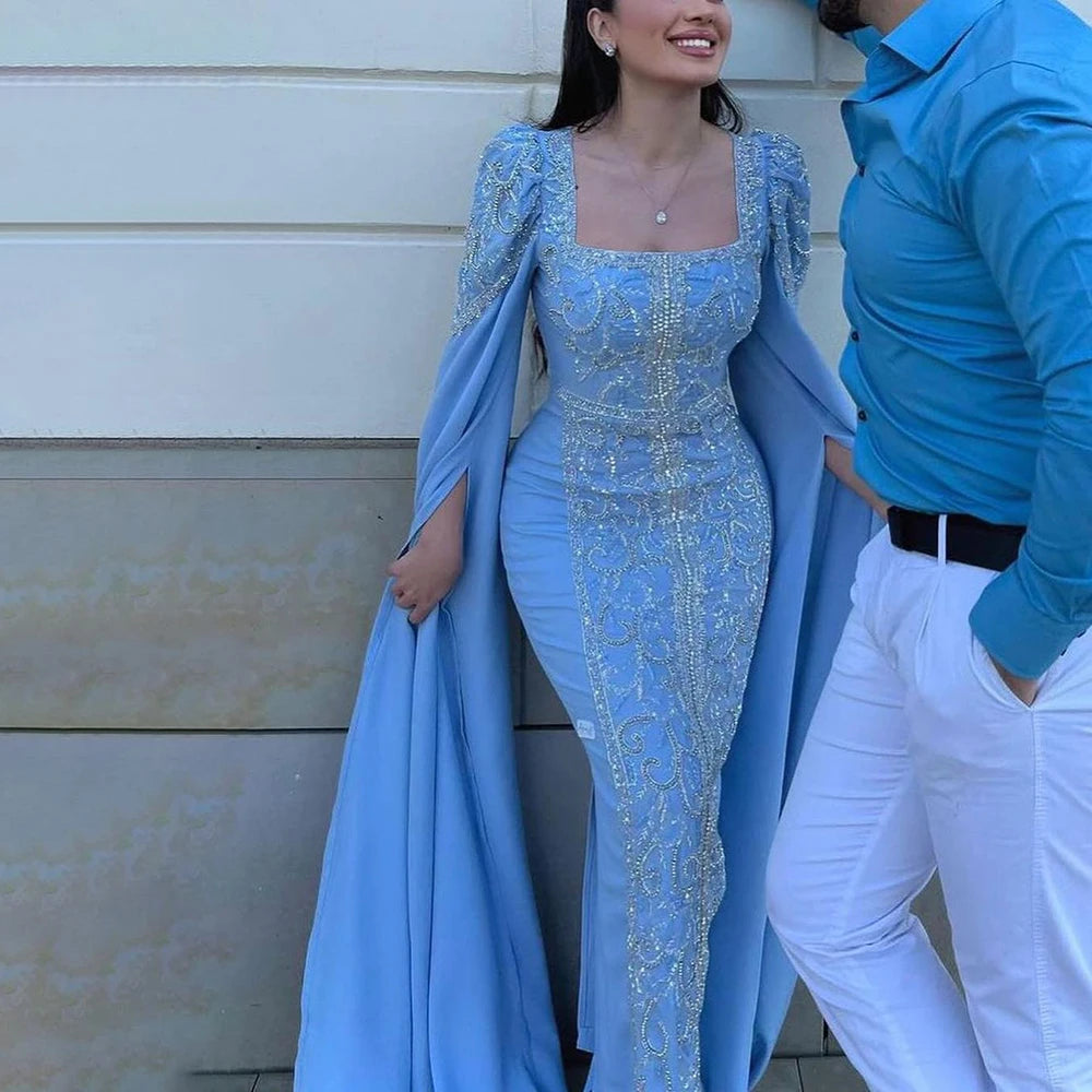 Elegant Blue Mermaid Evening Gown with Cape Sleeves for Muslim Women - LA72050 | Perfect for Weddings, Parties & Special Occasions