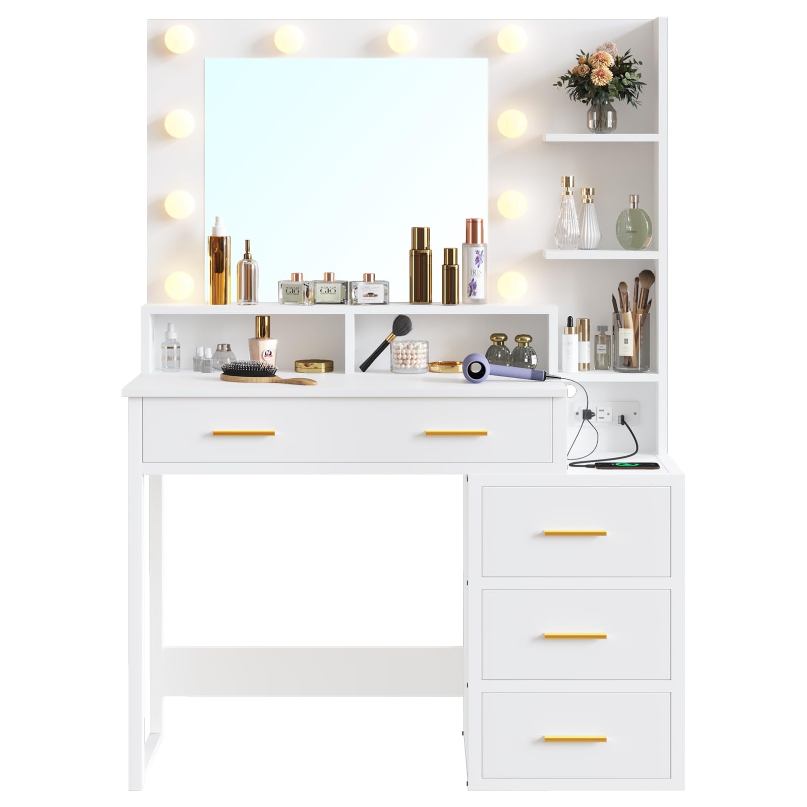 Modern White Makeup Vanity Set with 10 LED Bulbs & 3 Lighting Modes - Adjustable Mirror, 2 USB Ports, Outlets, Storage Shelves & Drawers - Perfect for Bedroom, Dressing Room & Beauty Salon