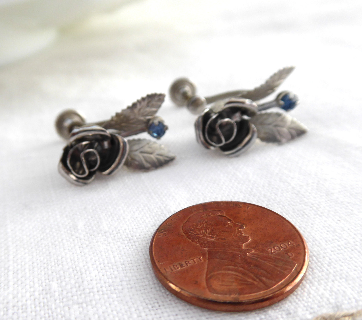 Vintage 1950s Silver Rose Earrings with Ice Blue Rhinestones - Screw Back for Secure Fit - Perfect for Retro Parties, Weddings & Special Occasions