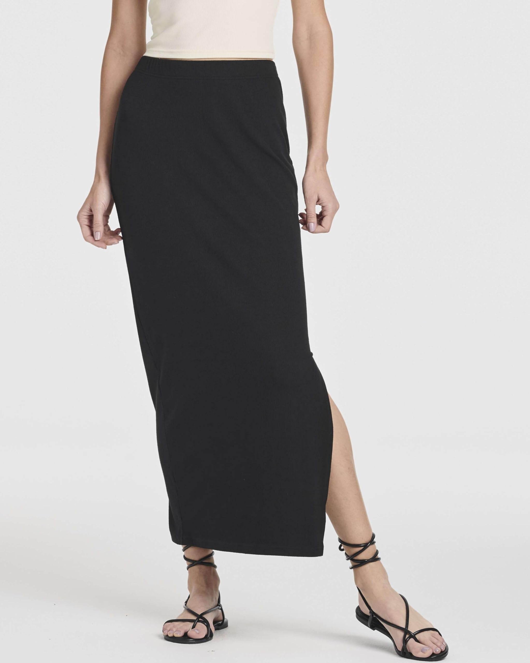 Real Essentials 3 Pack Women's Ribbed High Waisted Maxi Skirt with Side Slit - Stretchy Long Pencil Skirt for Women, Plus Size Options - Perfect for Office, Date Night & Casual Outings