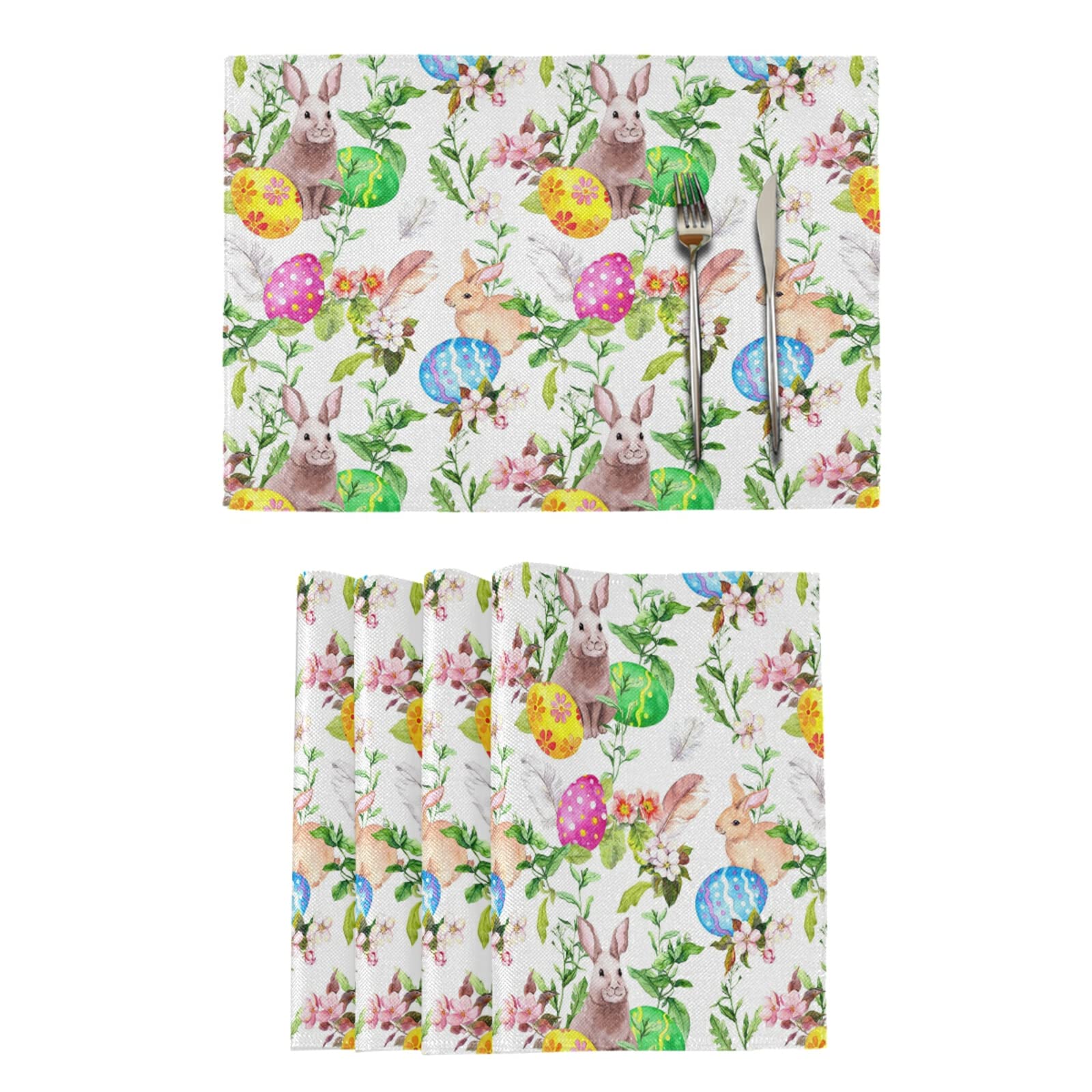 Easter Bunny Eggs in Grass Flowers Heat Resistant Placemats Set of 4 - Holiday Kitchen Table Decor for Easter Dinner, Spring Party & Home Decoration