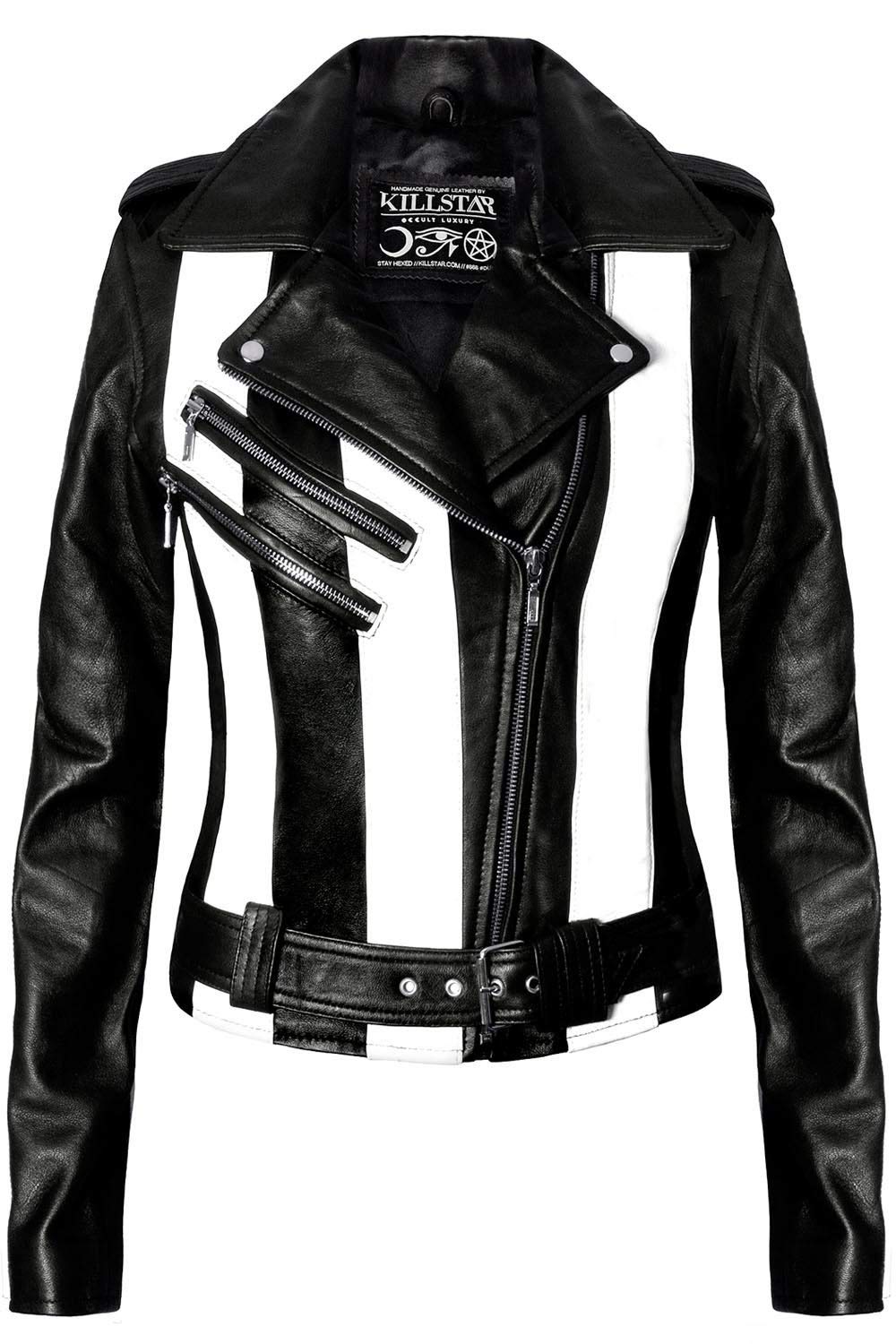 Killstar Beetlejuice Striped Gothic Punk Vegan Leather Jacket K-LTR-F-2062 | Alternative Fashion for Women | Perfect for Halloween, Concerts & Dark Aesthetic Outfits