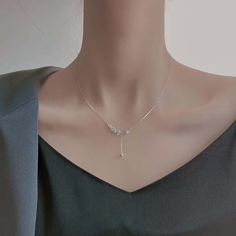 Marquise Olive Branch Leaf Y Necklace - Elegant Sterling Silver Pendant for Women | Perfect for Weddings, Anniversaries & Everyday Wear | R8236