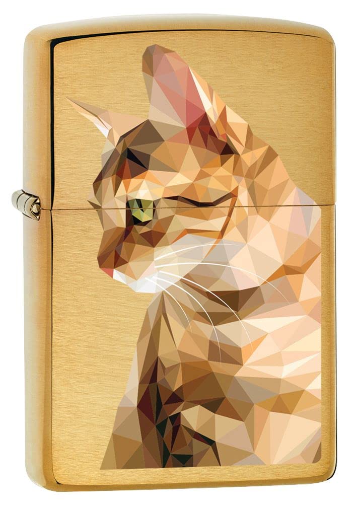 Custom Engraved Zippo Lighter with Geometric Cat Design - Personalized Message on Back - Brushed Brass Finish #Z5272 - Perfect Gift for Cat Lovers, Collectors & Outdoor Enthusiasts