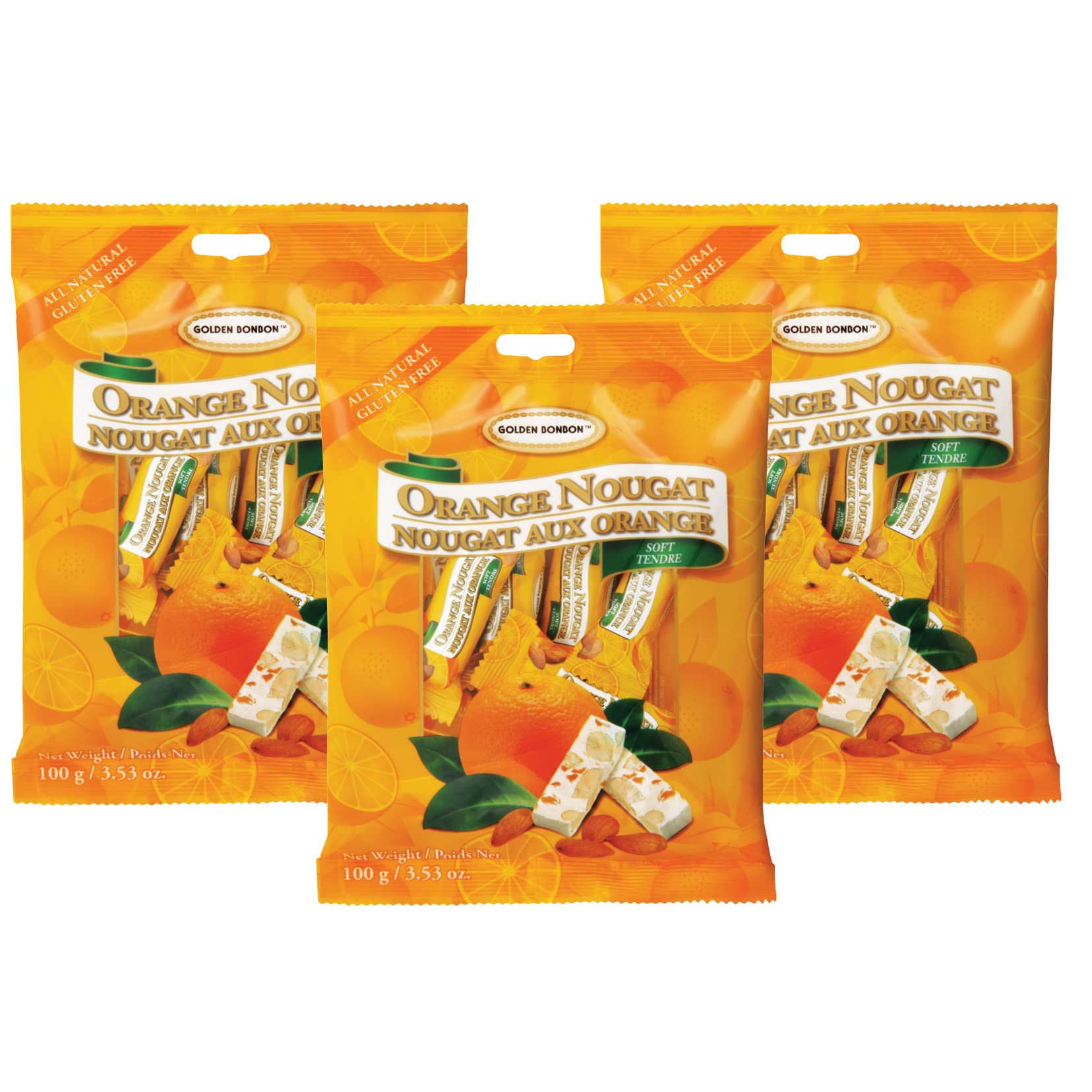 Premium Italian Soft Almond Nougat Candy - Golden Bonbon Chewy Halal Treat, Gluten Free, Packed with Almonds, Individually Wrapped 3.53oz (Pack of 3) - Almond Orange Flavor - Perfect for Gifts, Parties & Dessert Platters