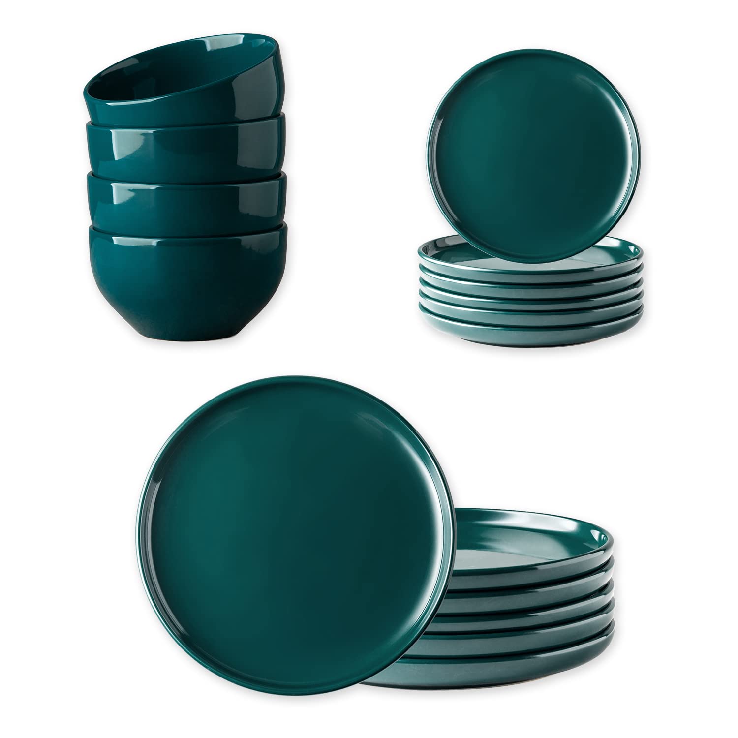 AmorArc 16-Piece Ceramic Dinnerware Set - Stoneware Plates & Bowls, Chip & Crack Resistant, Dishwasher & Microwave Safe, Green | Perfect for Everyday Dining, Family Gatherings & Restaurant Use