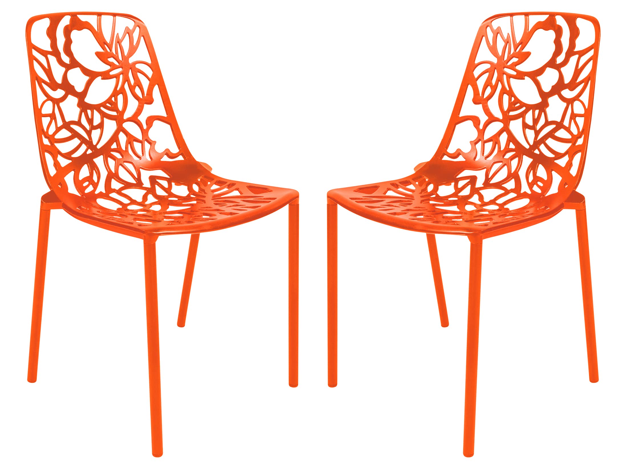 LeisureMod Aluminum Stackable Patio Chairs Set of 2 - Indoor/Outdoor Dining Side Chairs with Floral Cutout Design, Devon Collection in Orange - Perfect for Backyard, Garden, Poolside & Kitchen Use
